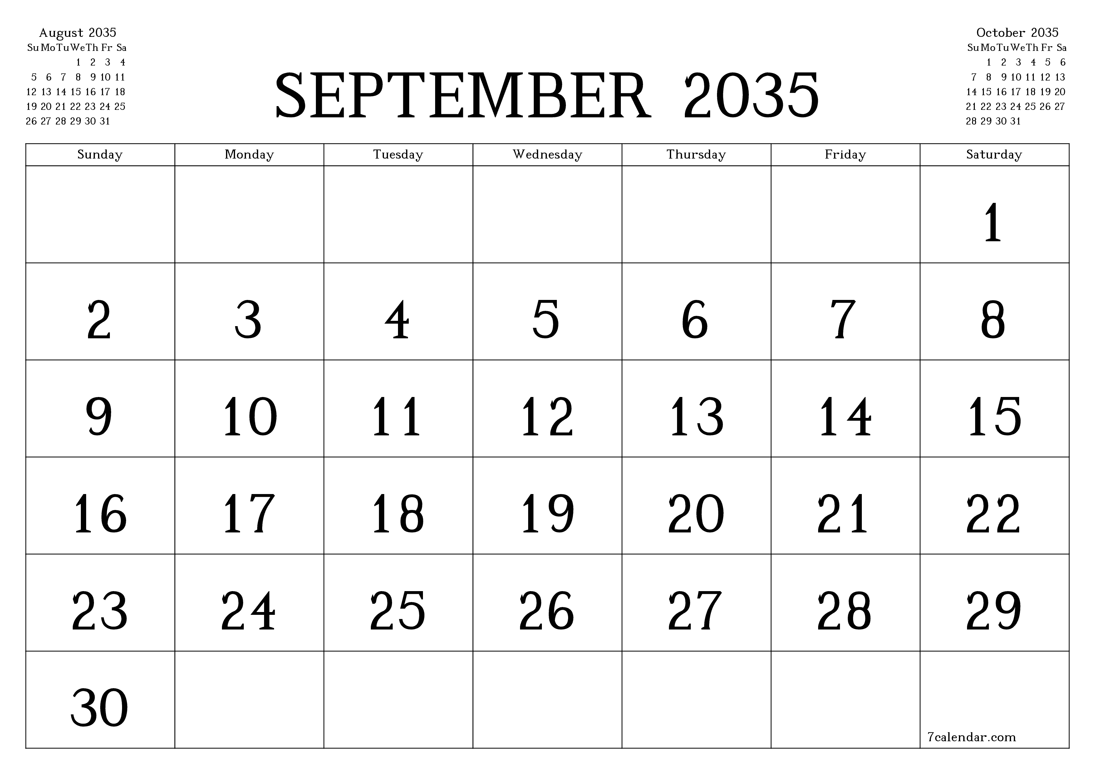 Blank calendar September 2035