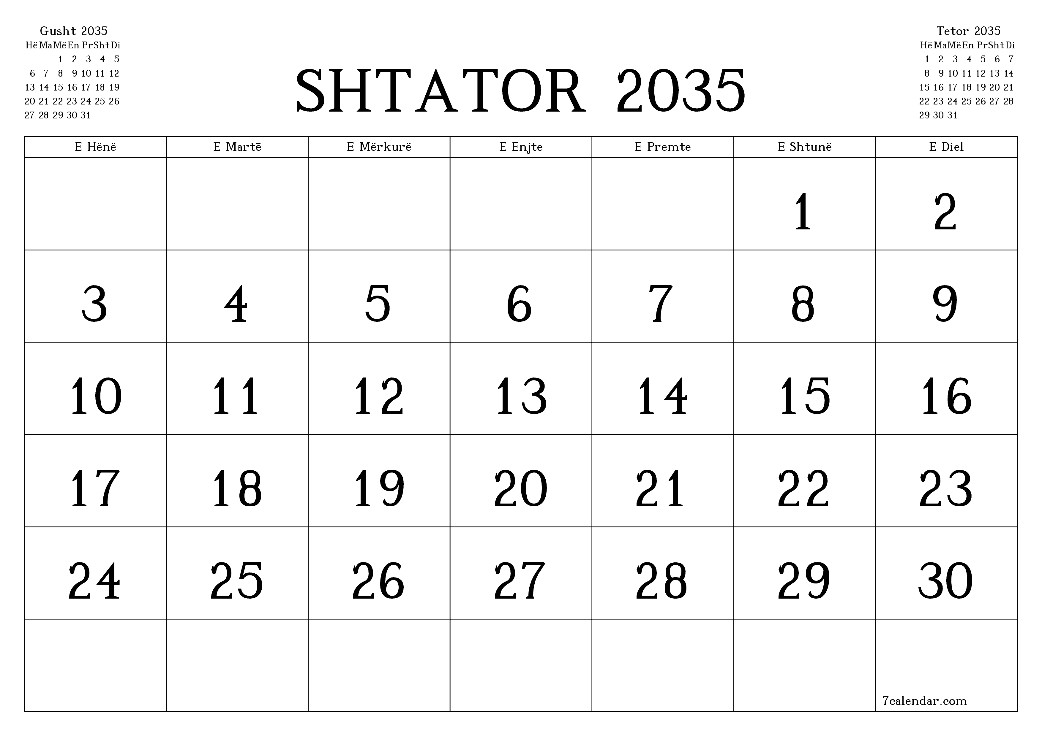 Planifikuesi i zbrazët i kalendarit mujor për muajin Shtator 2035 me shënime të ruajtura dhe të printuara në PDF PNG Albanian
