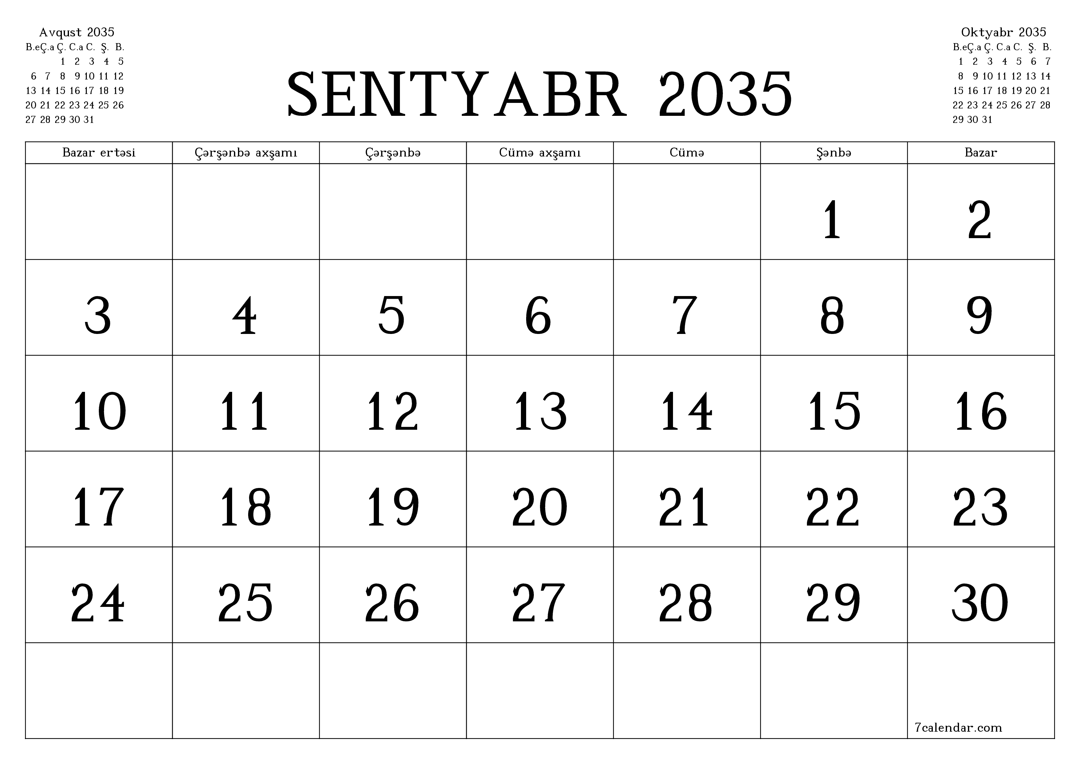 Sentyabr 2035 ayı üçün qeydlər ilə boş aylıq planlayıcı, qeyd edin və PDF-ə yazdırın PNG Azerbaijani