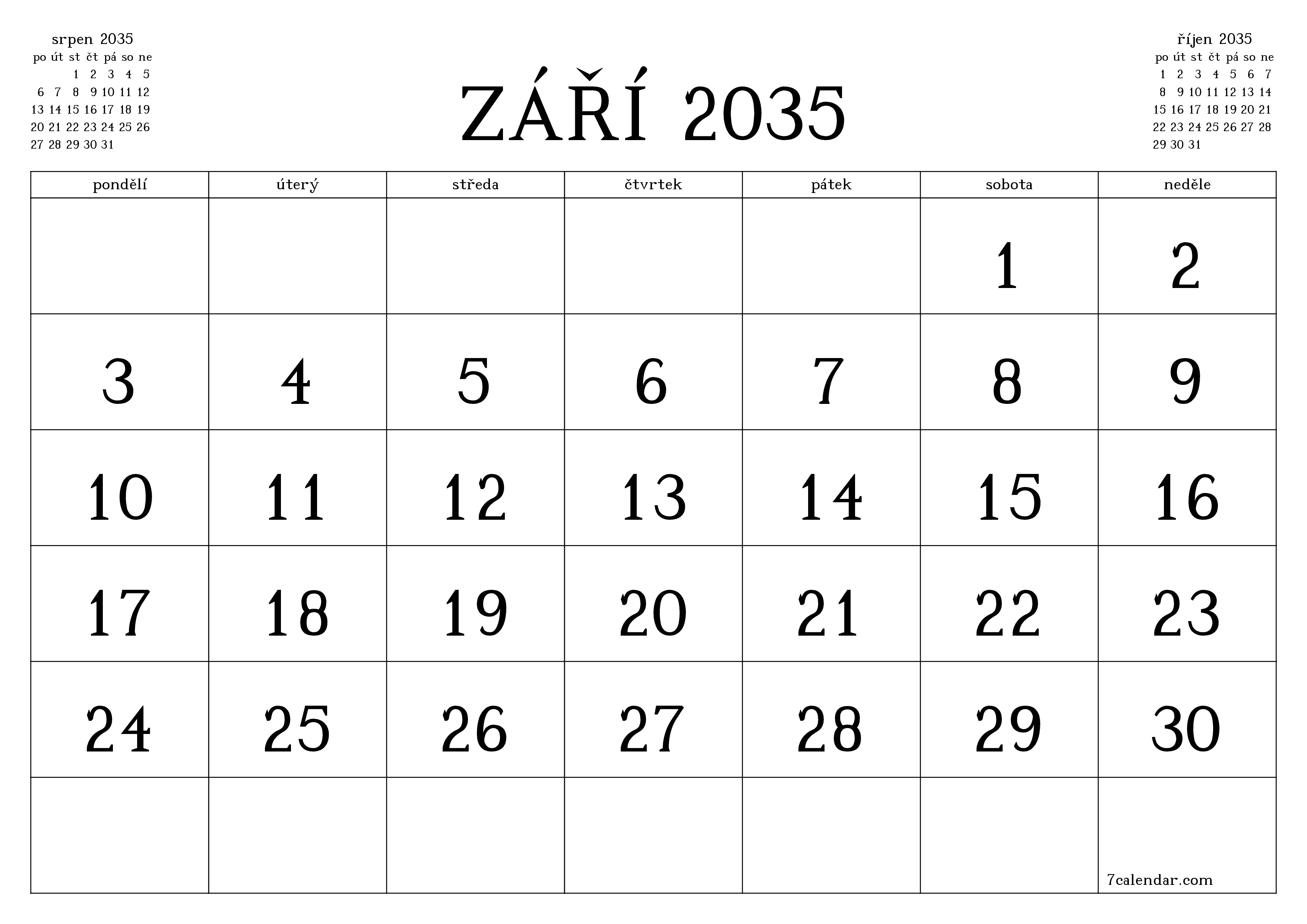 Vyprázdnit měsíční plánovač na měsíc září 2035 s poznámkami, uložit a vytisknout do PDF PNG Czech