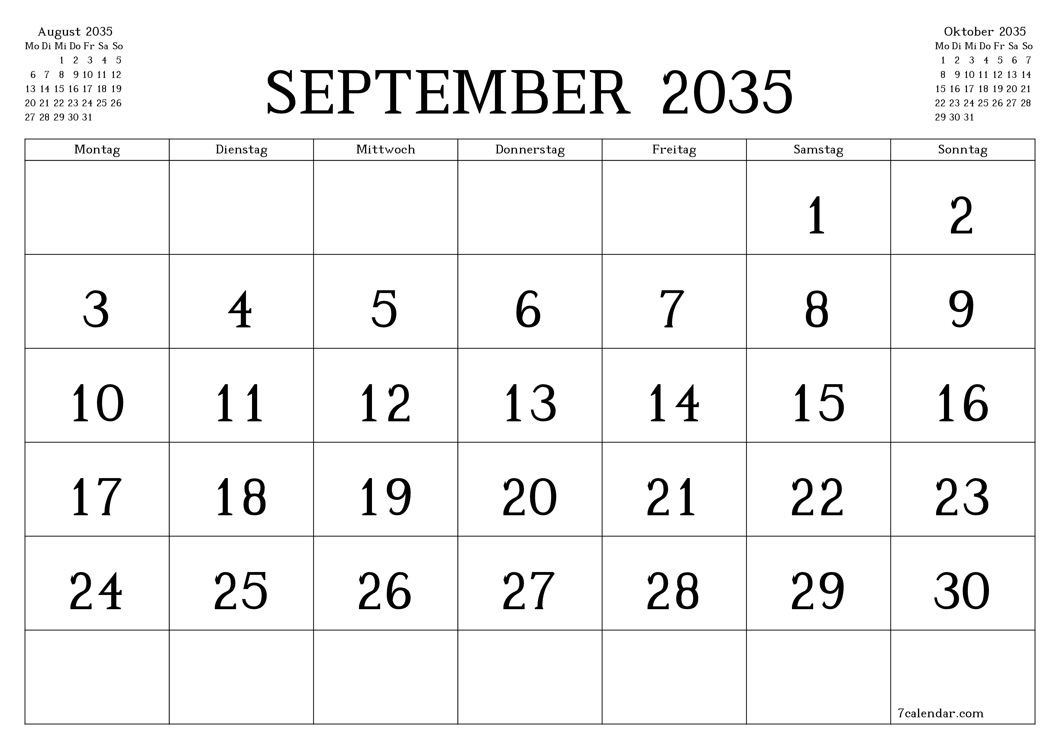 Monatsplaner für Monat September 2035 mit Notizen leeren, speichern und als PDF PNG German - 7calendar.com drucken