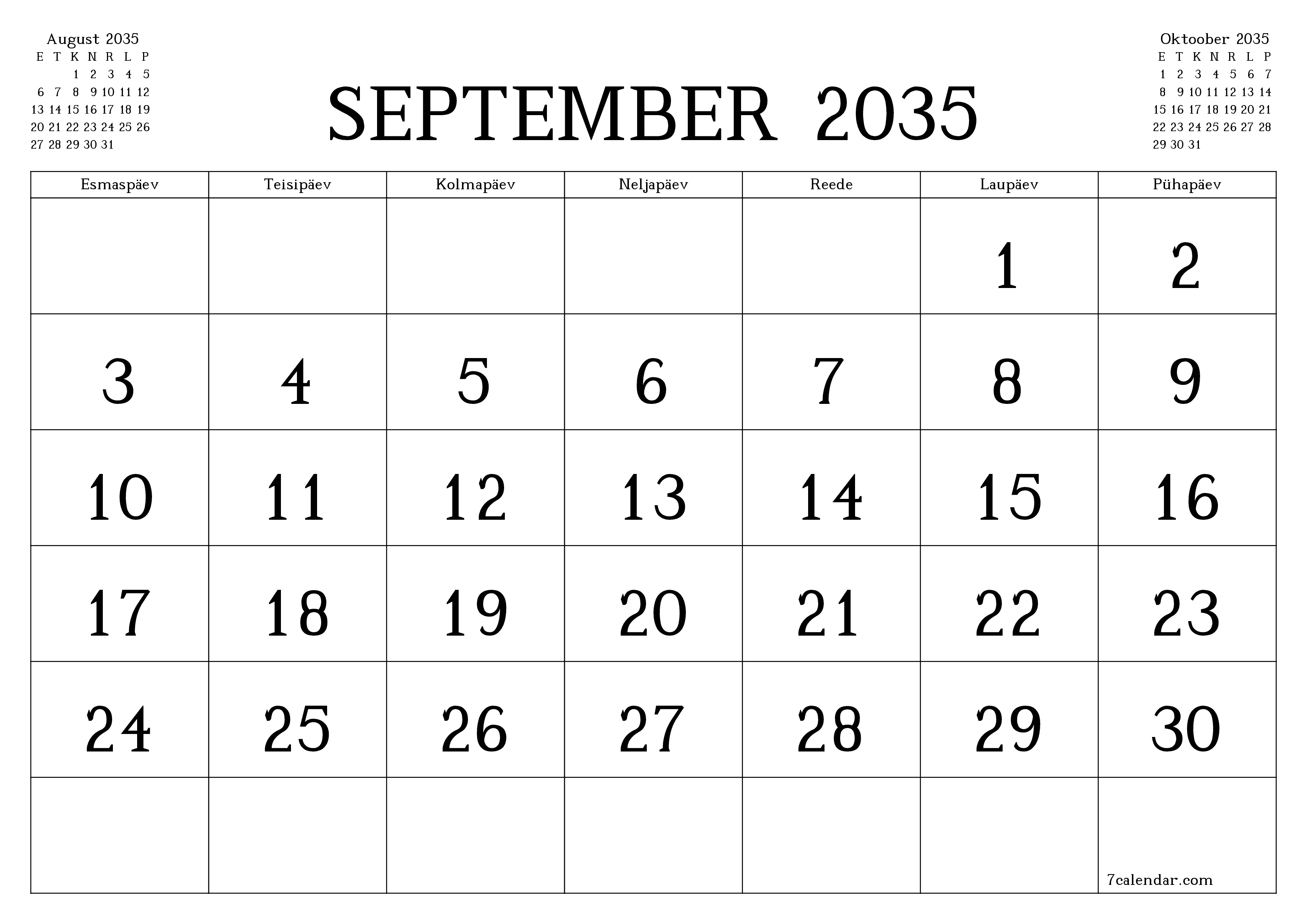 Tühjendage kuu September 2035 kuuplaneerija märkmetega, salvestage ja printige PDF-i PNG Estonian