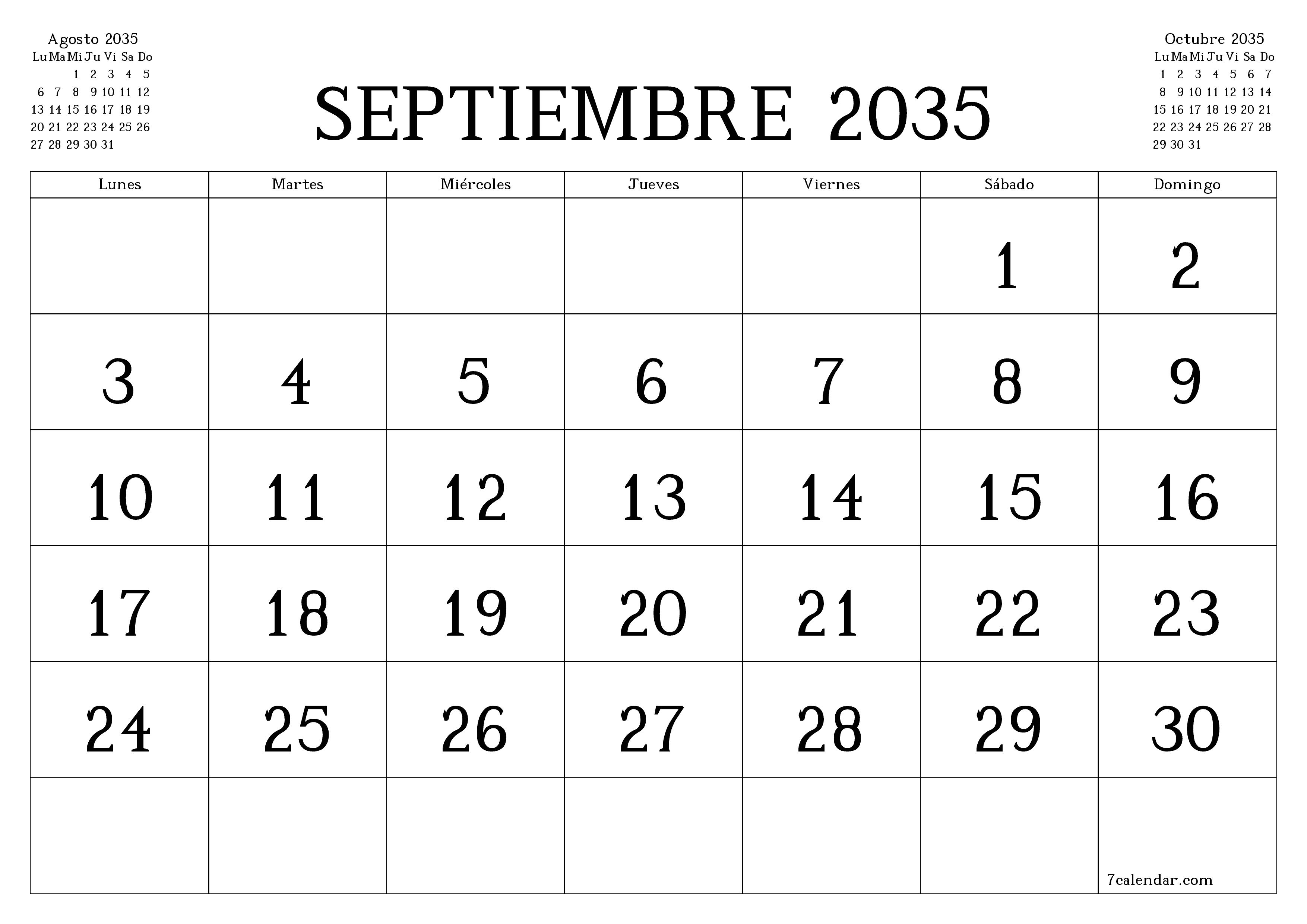 Planificador mensual vacío para el mes Septiembre 2035 con notas, guardar e imprimir en PDF PNG Spanish
