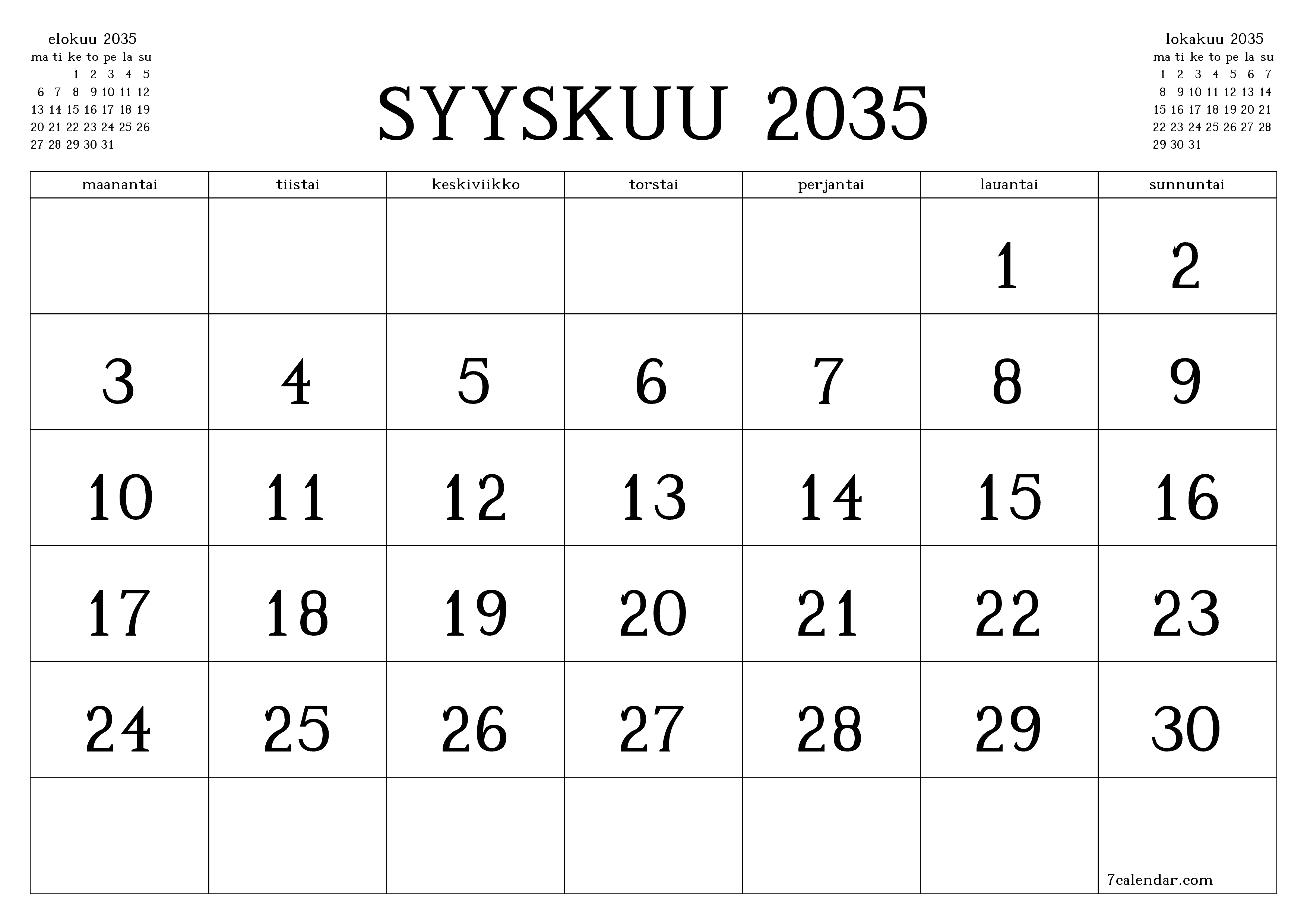 Tyhjennä kuukausittainen suunnittelija kuukaudelle Syyskuu 2035 muistiinpanoilla, tallenna ja tulosta PDF-muotoon PNG Finnish
