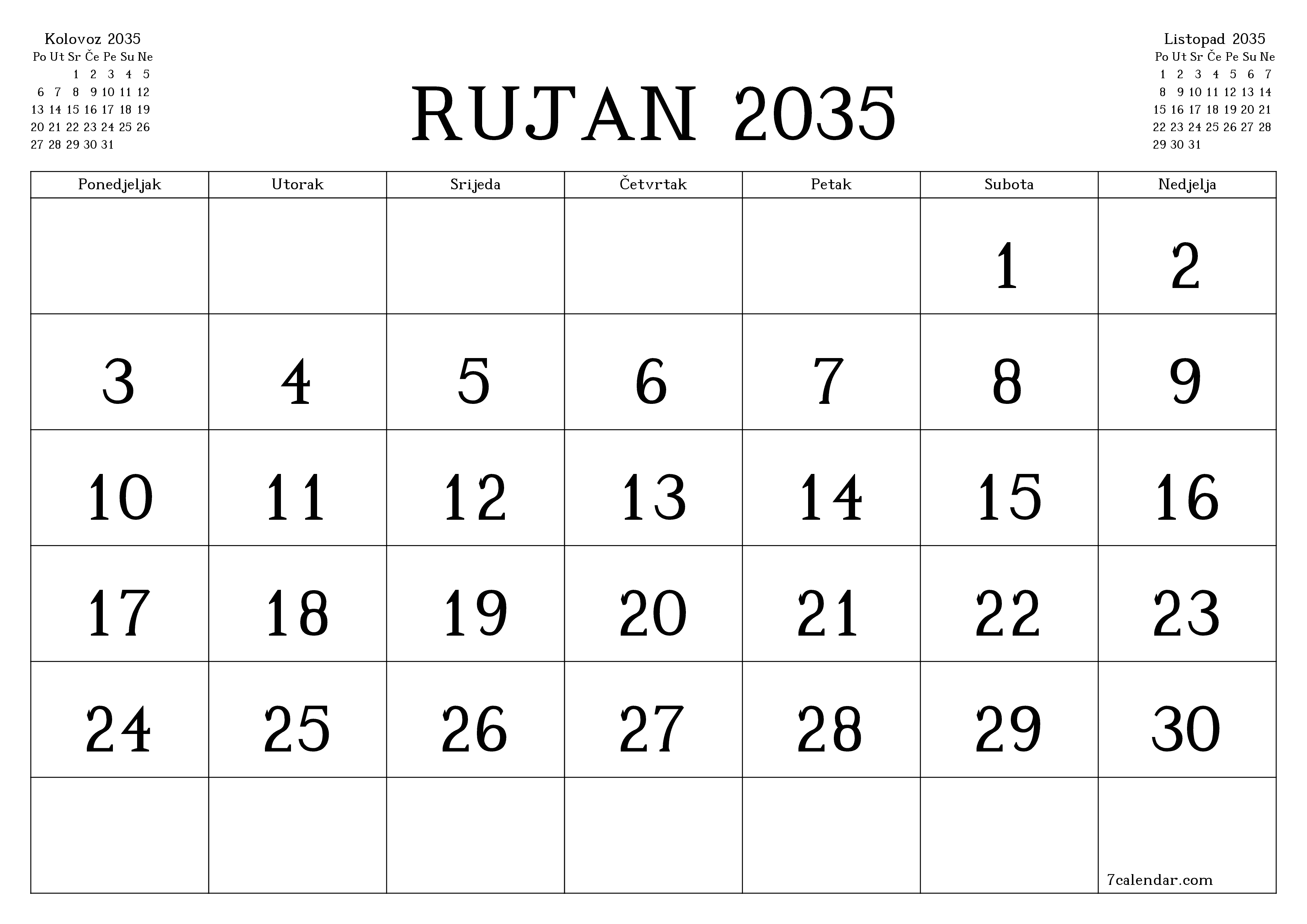 Ispraznite mjesečni planer za mjesec Rujan 2035 s bilješkama, spremite i ispišite u PDF PNG Croatian