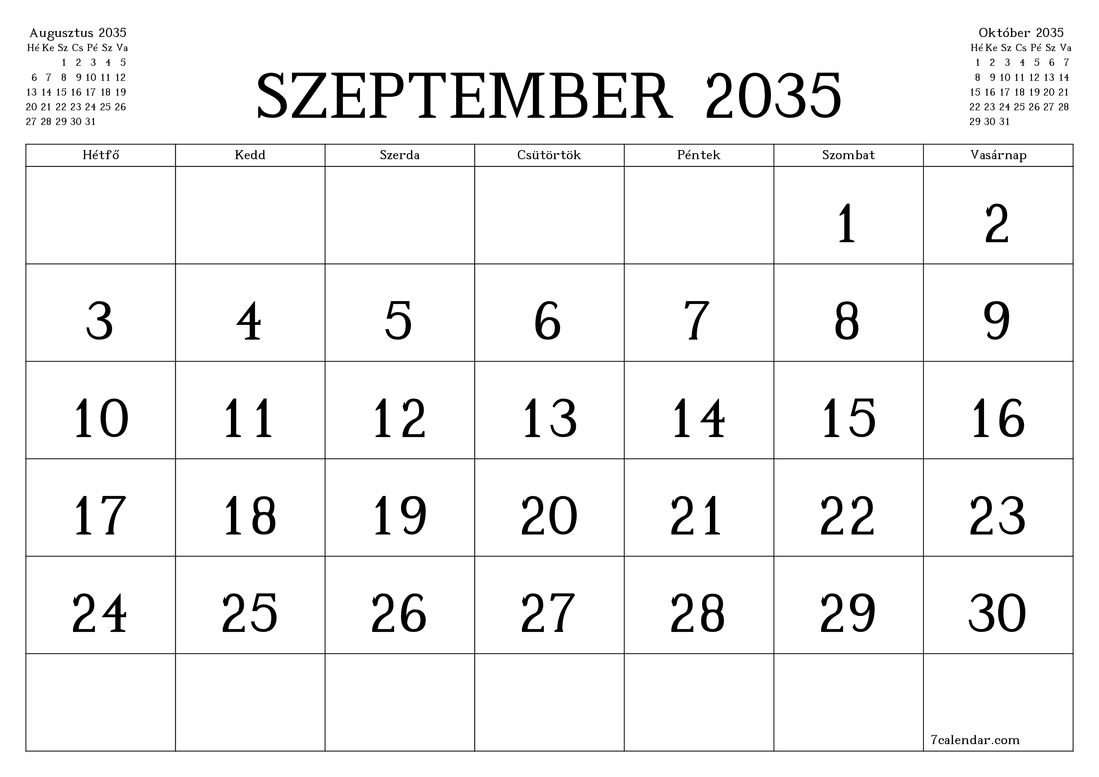 Üres havi tervező a Szeptember 2035 hónapra jegyzetekkel, mentés és nyomtatás PDF-be PNG Hungarian