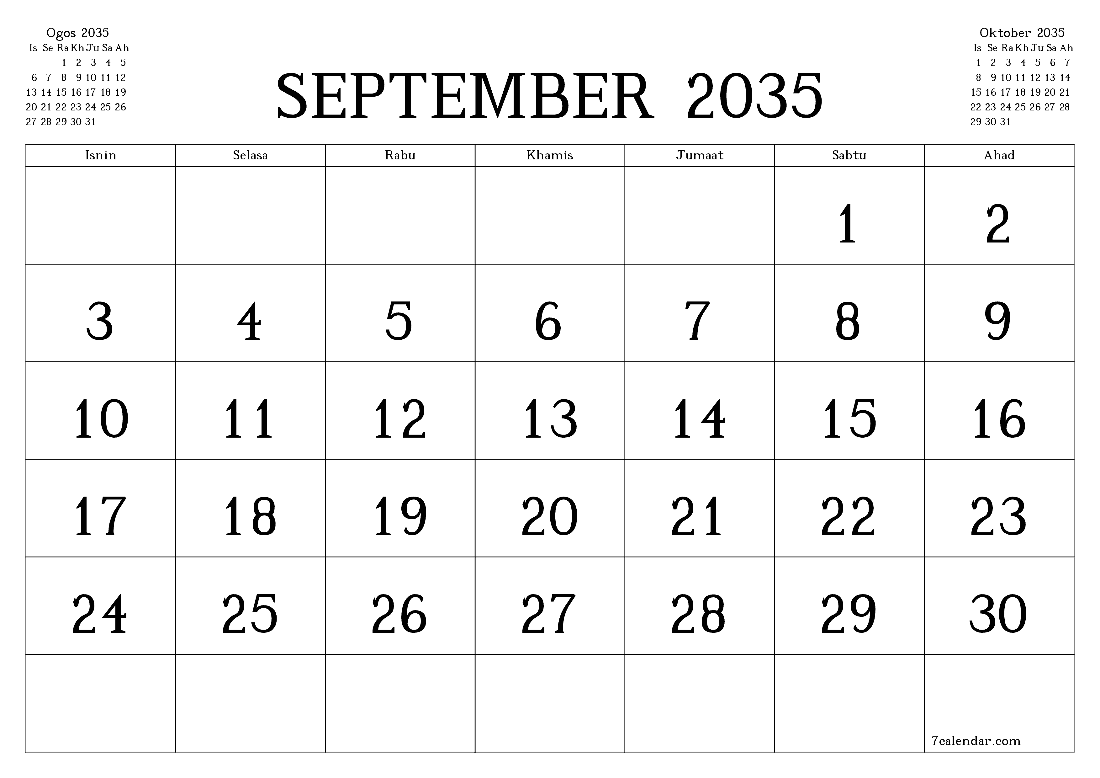 Perancang bulanan kosong untuk bulan September 2035 dengan nota, simpan dan cetak ke PDF PNG Malay