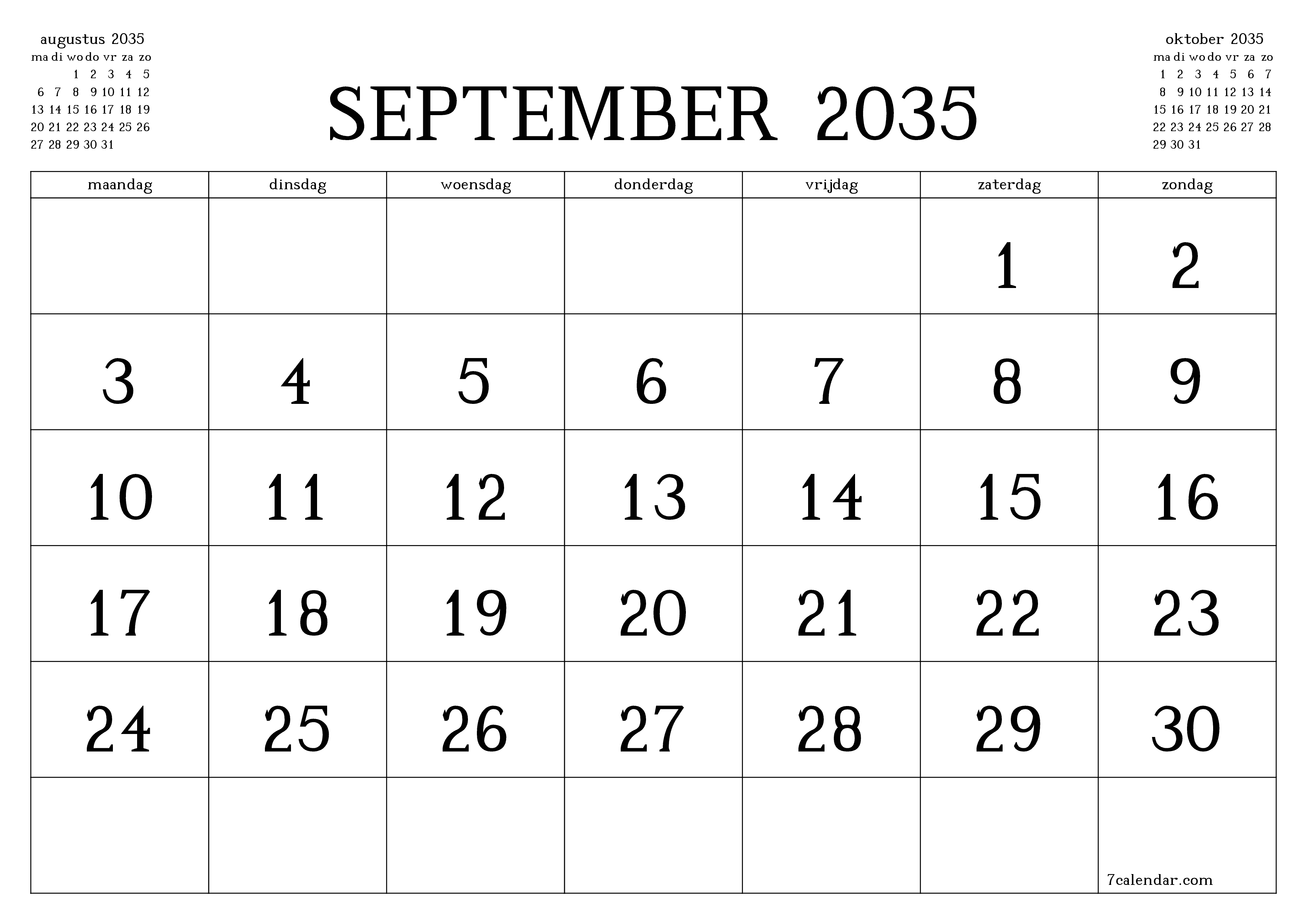 Lege maandplanner voor maand september 2035 met notities, opslaan en afdrukken naar pdf PNG Dutch