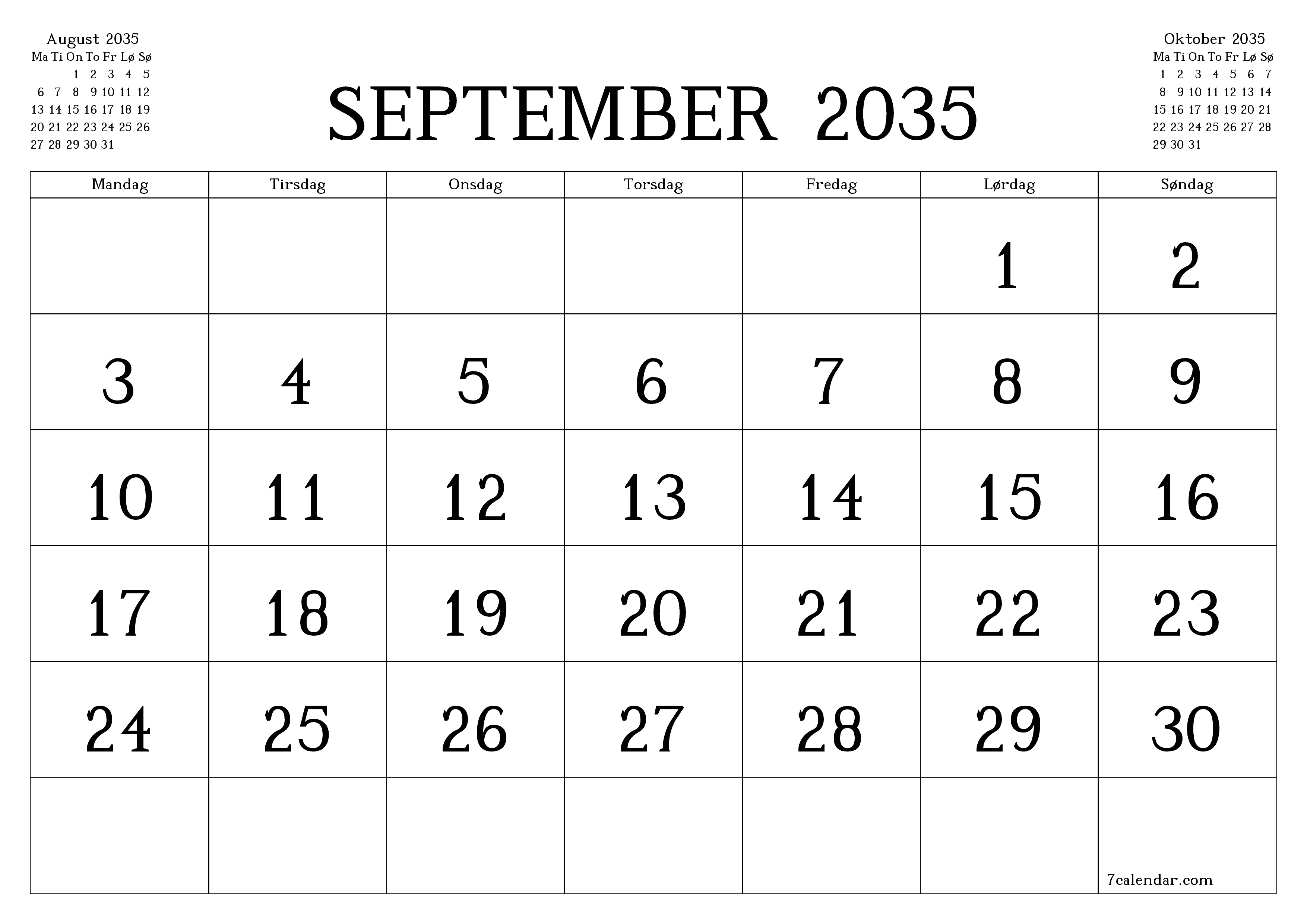 Tom månedlig planlegger for måned September 2035 med notater, lagre og skriv ut til PDF PNG Norwegian