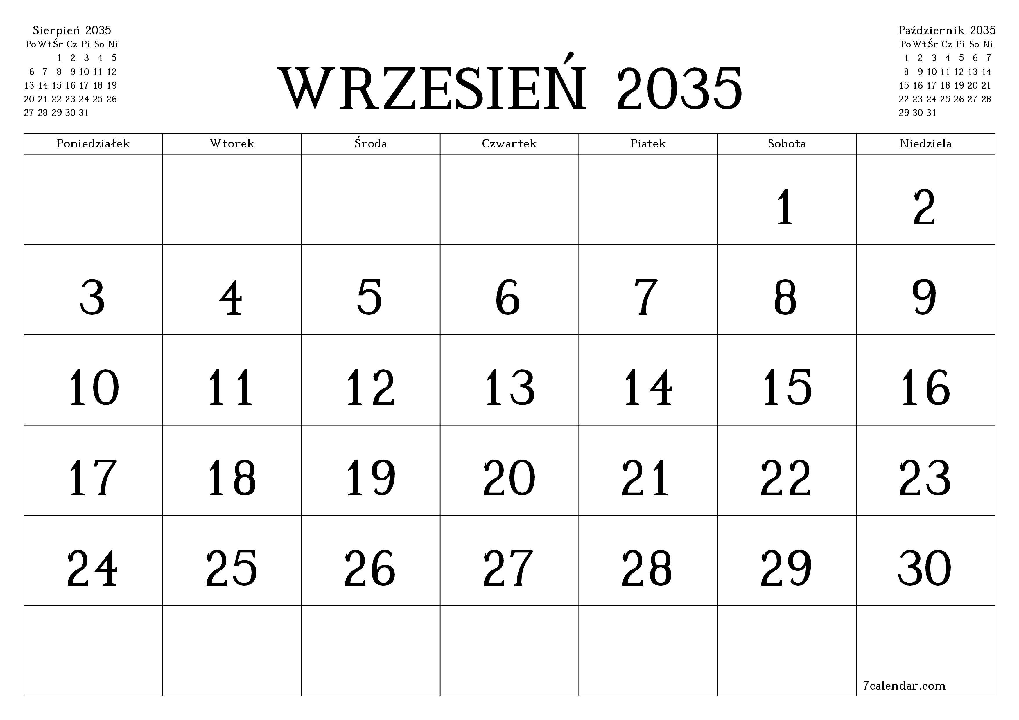 Opróżnij miesięczny planer na miesiąc Wrzesień 2035 z notatkami, zapisz i wydrukuj w formacie PDF PNG Polish