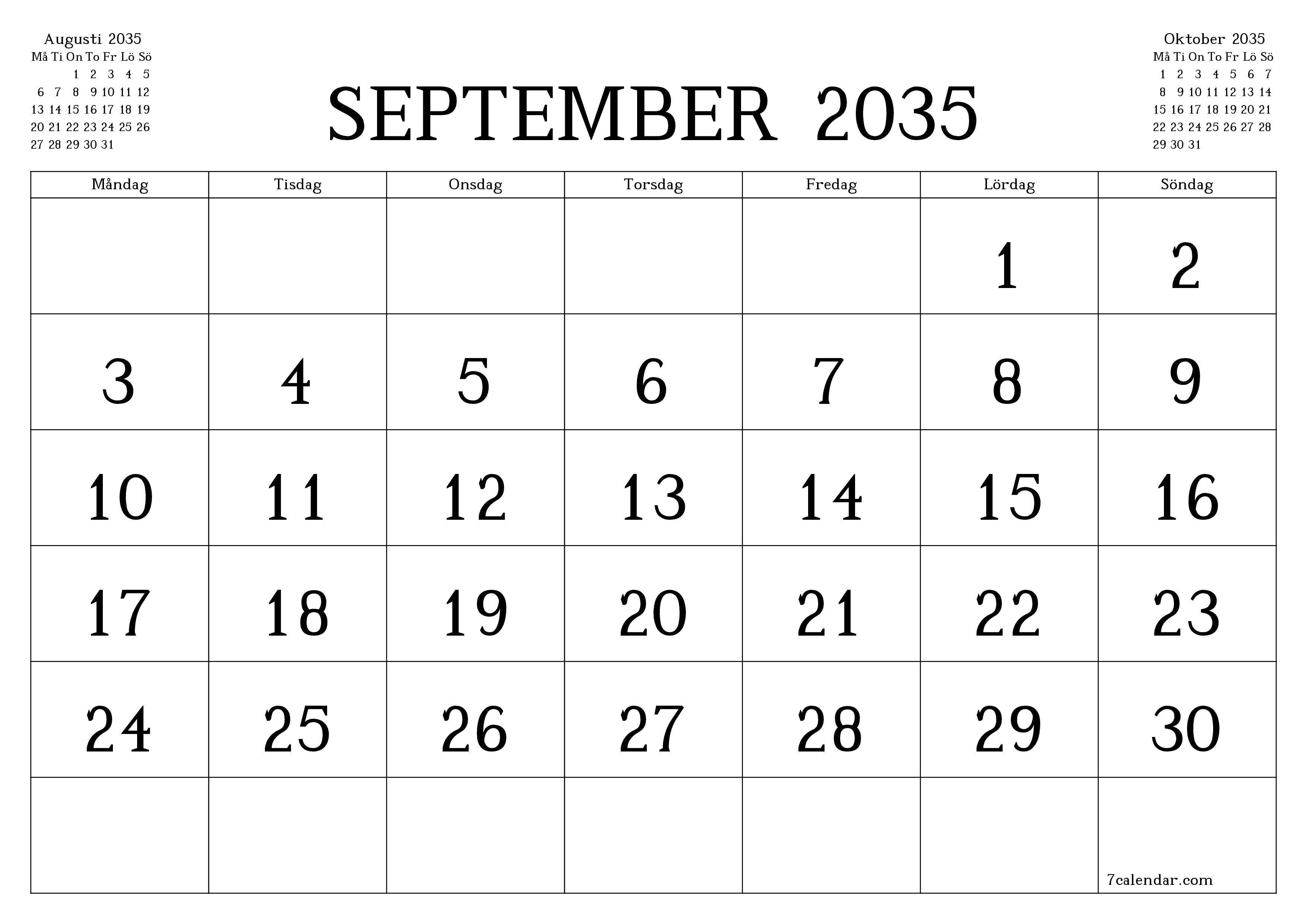 Tom månadsplanerare för månad September 2035 med anteckningar, spara och skriv ut till PDF PNG Swedish