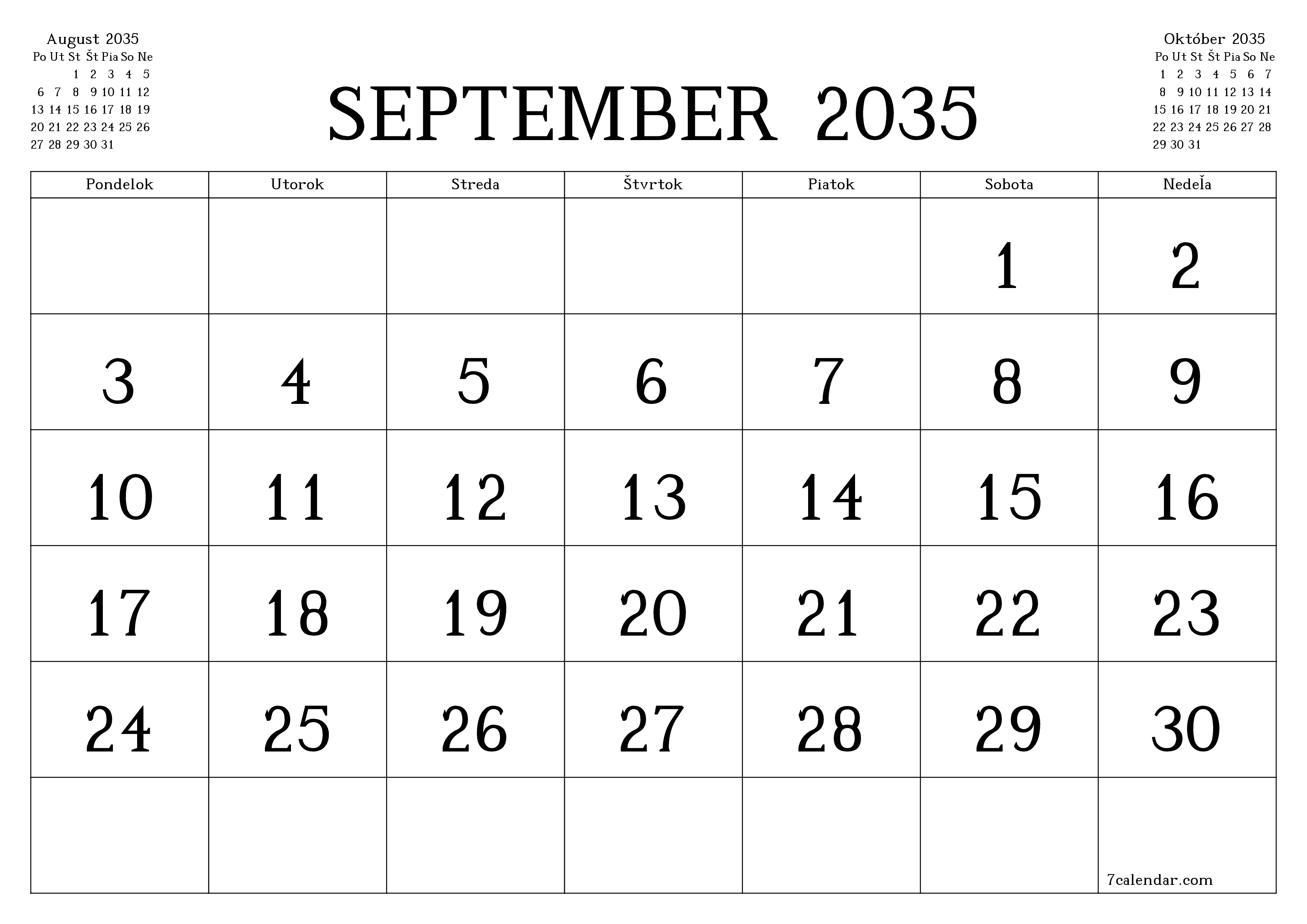 Prázdny mesačný plánovač na mesiac September 2035 s poznámkami, uloženie a tlač do PDF PNG Slovak