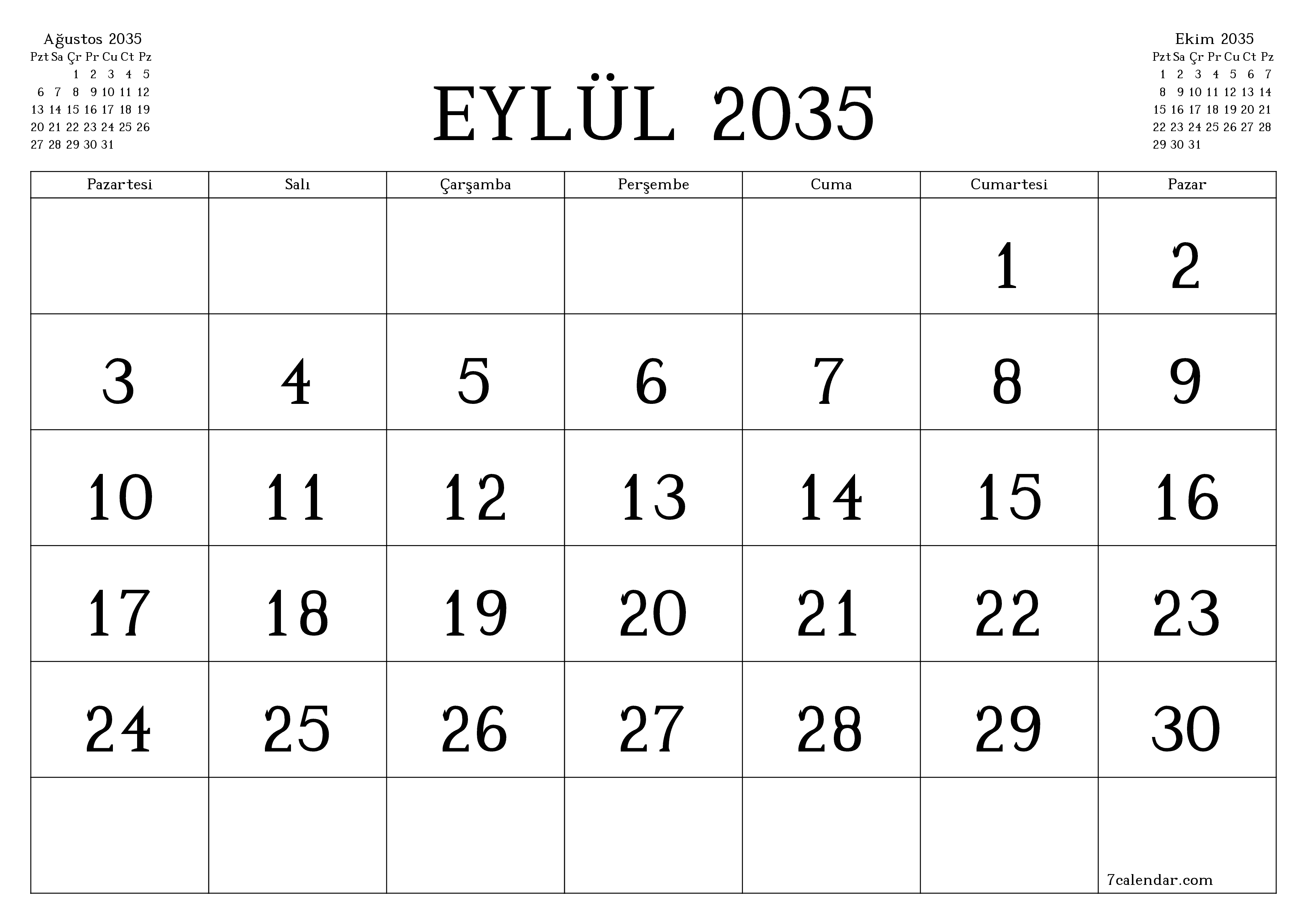 Eylül 2035 ayı için notlarla birlikte boş aylık planlayıcı, kaydedin ve PDF'ye yazdırın PNG Turkish