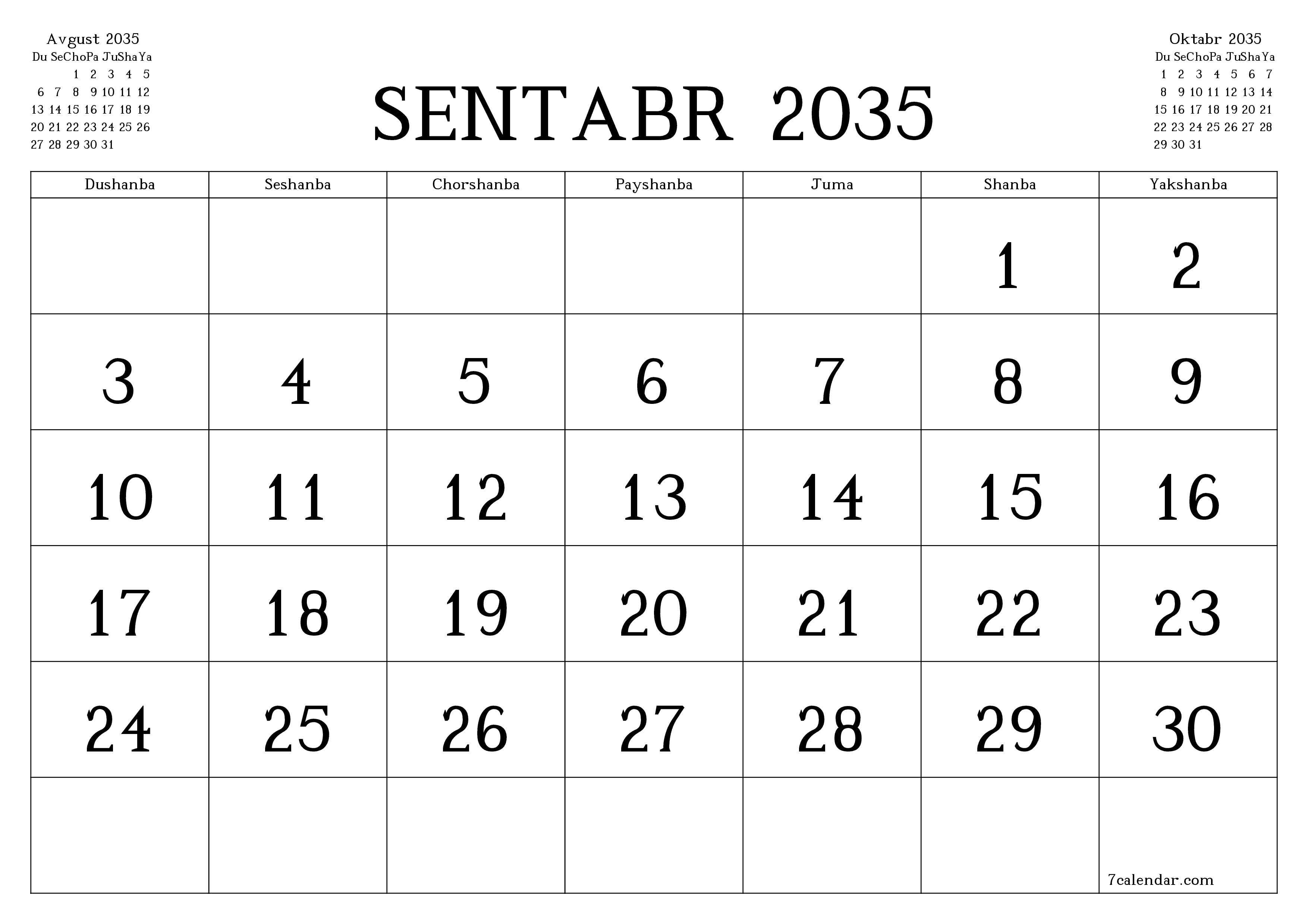 Sentabr 2035 oylik oylik rejalashtiruvchini yozuvlar bilan bo'shatish, saqlash va PDF-ga chop etish PNG Uzbek