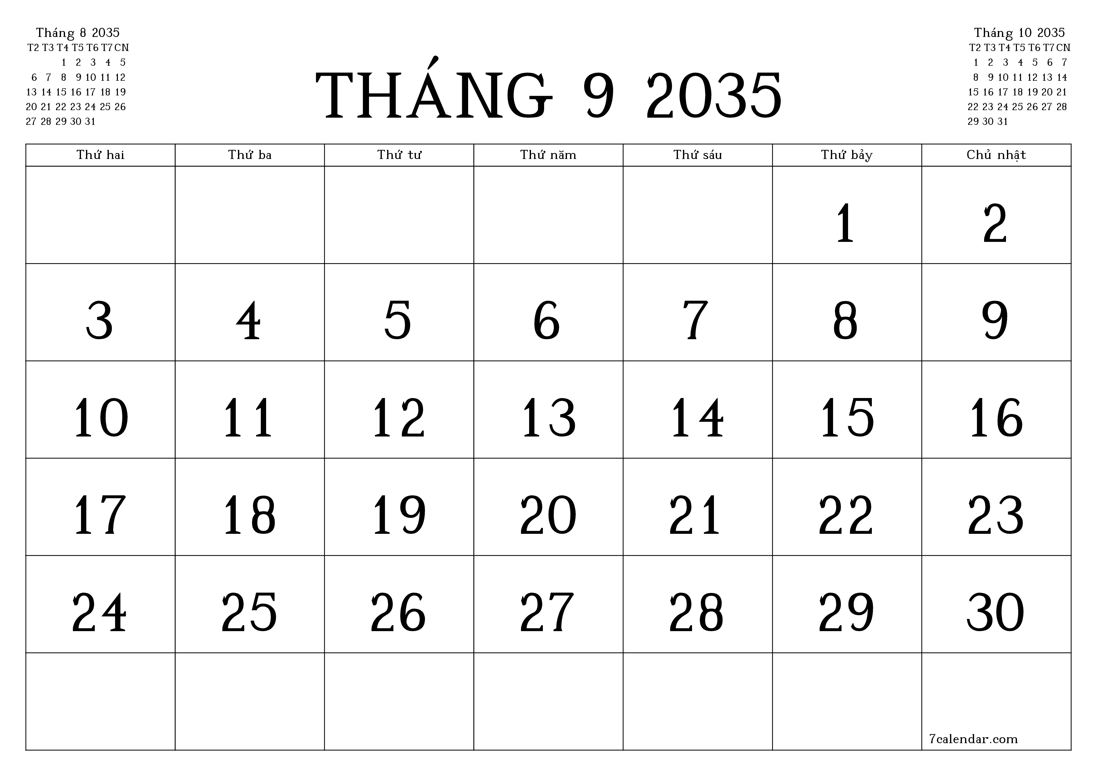 Công cụ lập kế hoạch hàng tháng trống cho tháng Tháng 9 2035 có ghi chú, lưu và in sang PDF PNG Vietnamese