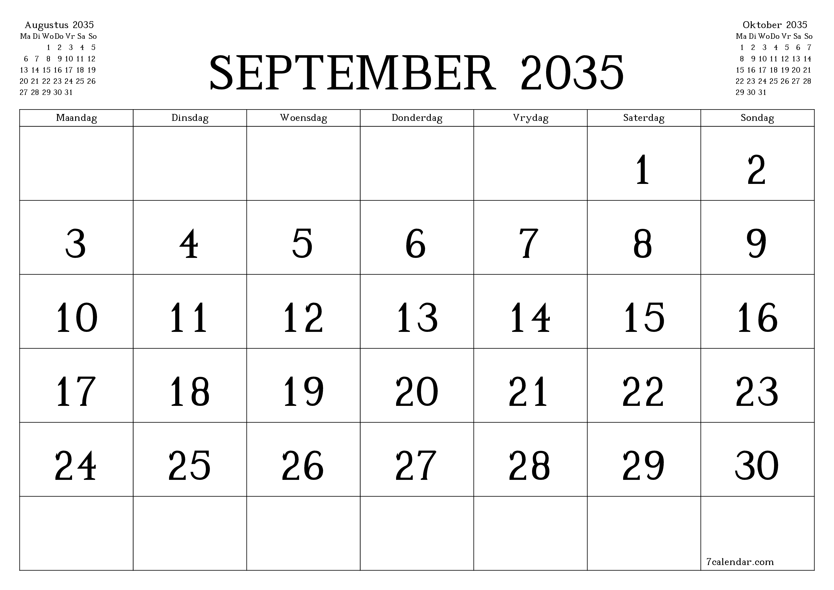 Leë maandelikse drukbare kalender en beplanner vir maand September 2035 met notas stoor en druk na PDF PNG Afrikaans