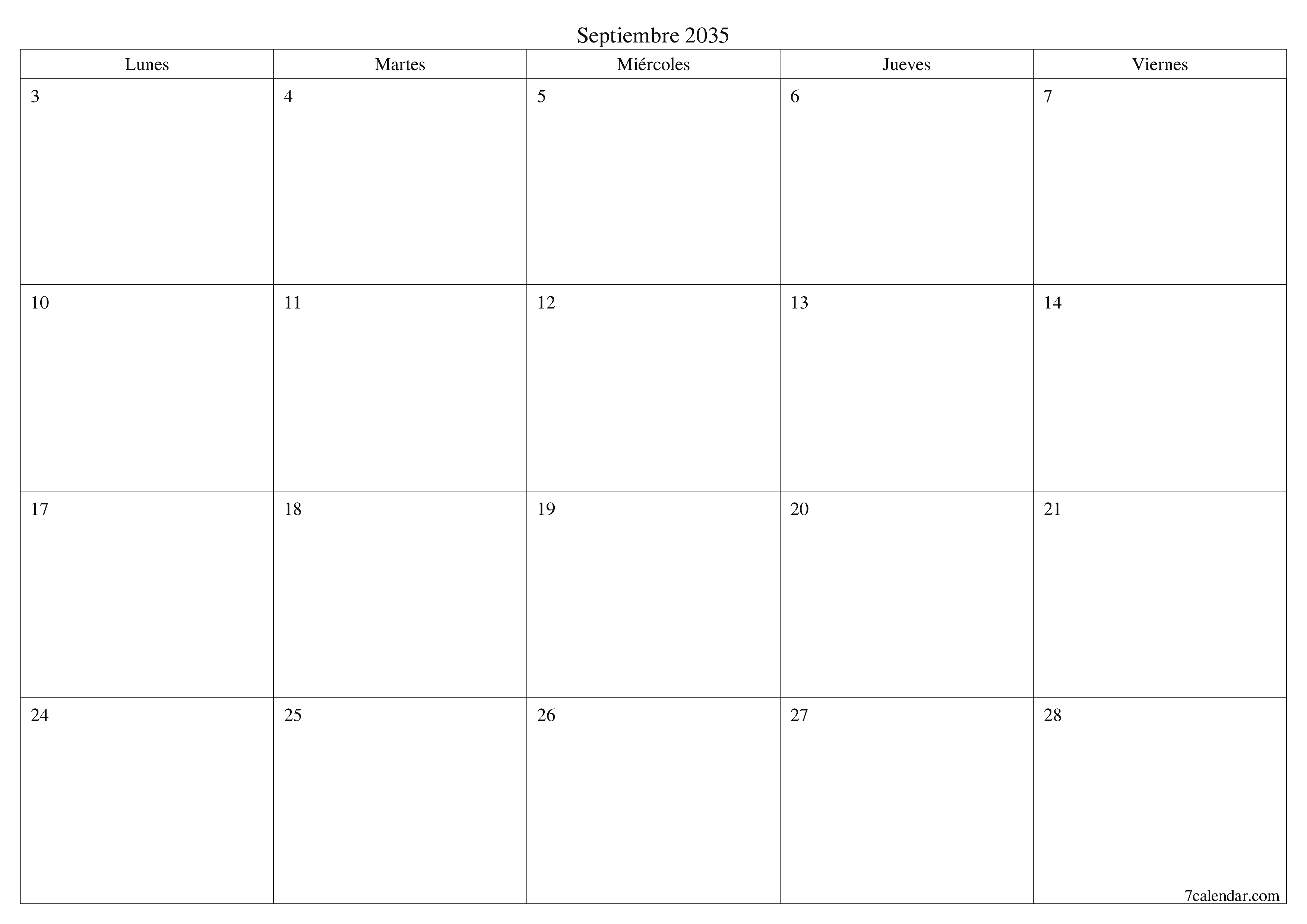 Planificador mensual vacío para el mes Septiembre 2035 con notas, guardar e imprimir en PDF PNG Spanish