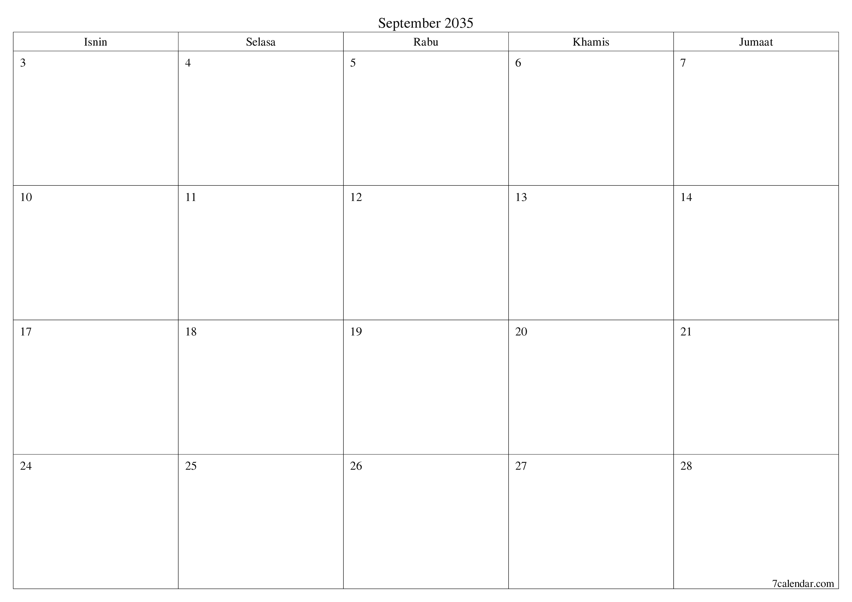 Perancang bulanan kosong untuk bulan September 2035 dengan nota, simpan dan cetak ke PDF PNG Malay