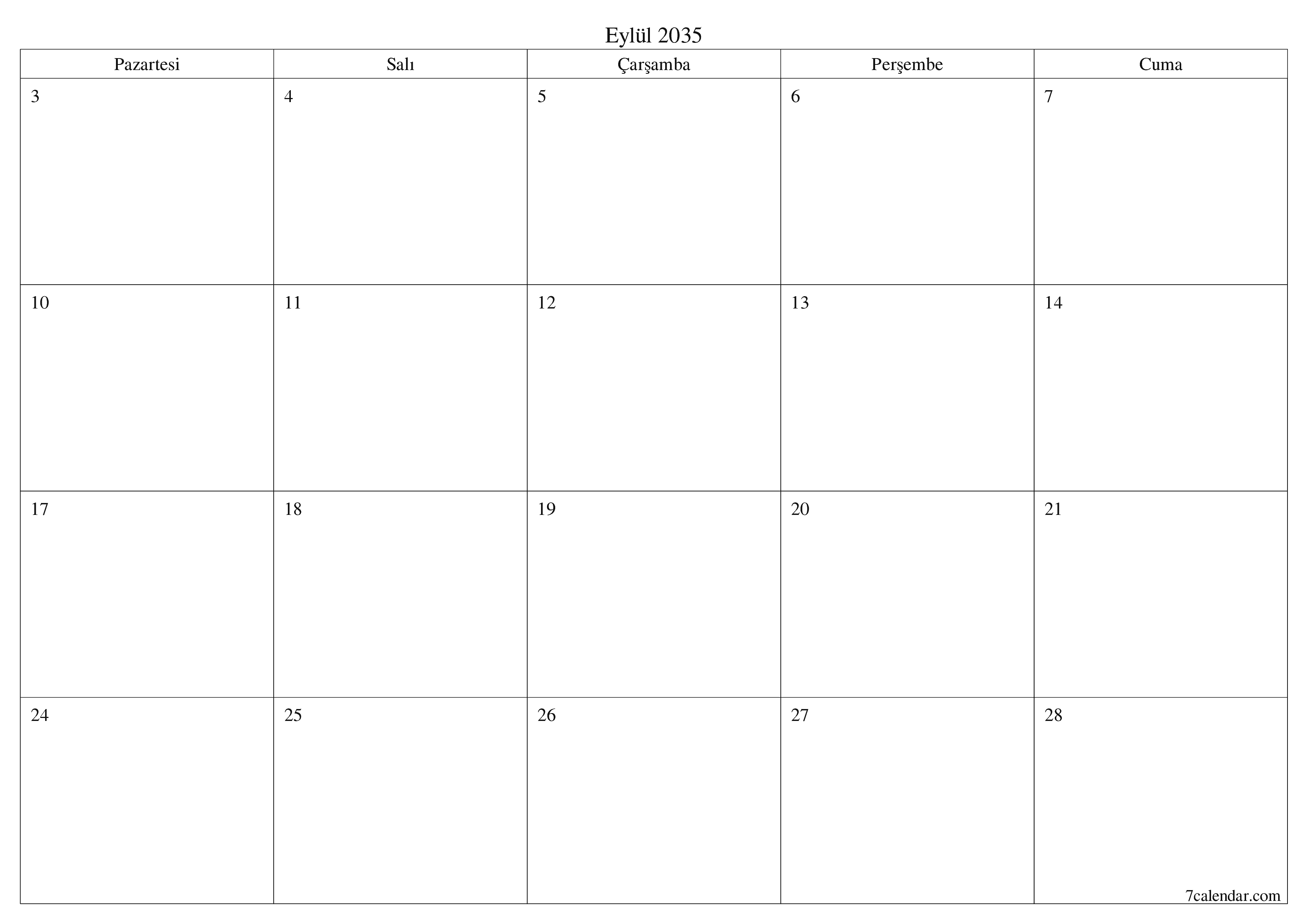 Eylül 2035 ayı için notlarla birlikte boş aylık planlayıcı, kaydedin ve PDF'ye yazdırın PNG Turkish