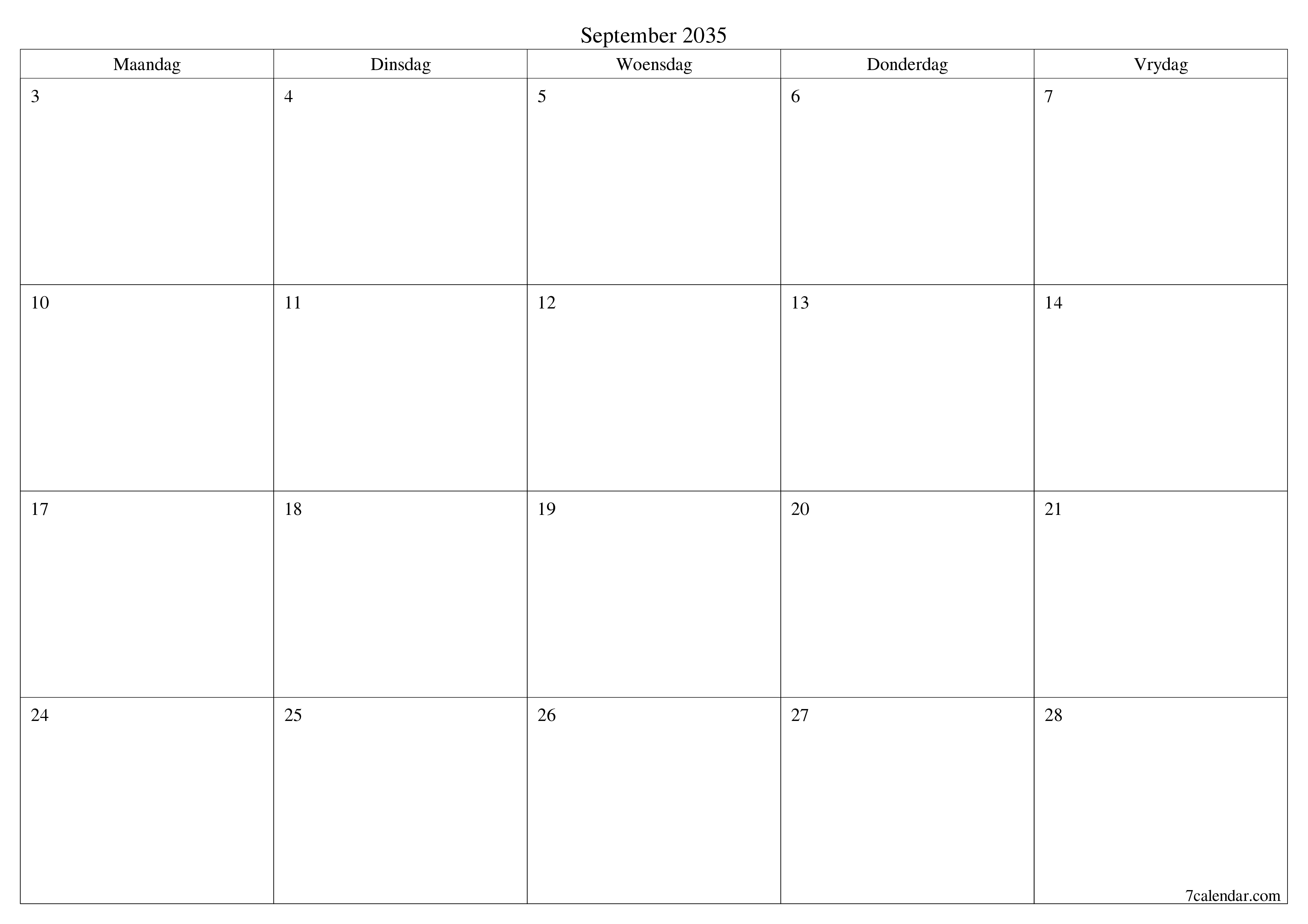 Leë maandelikse drukbare kalender en beplanner vir maand September 2035 met notas stoor en druk na PDF PNG Afrikaans