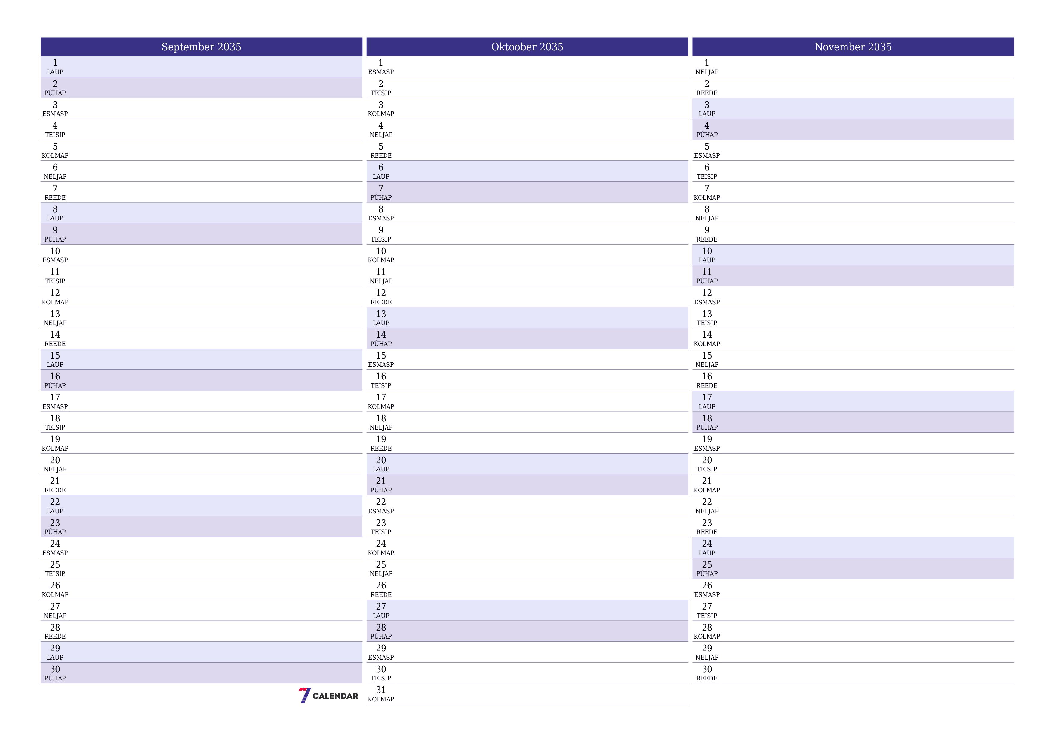 Tühjendage kuu September 2035 kuuplaneerija märkmetega, salvestage ja printige PDF-i PNG Estonian