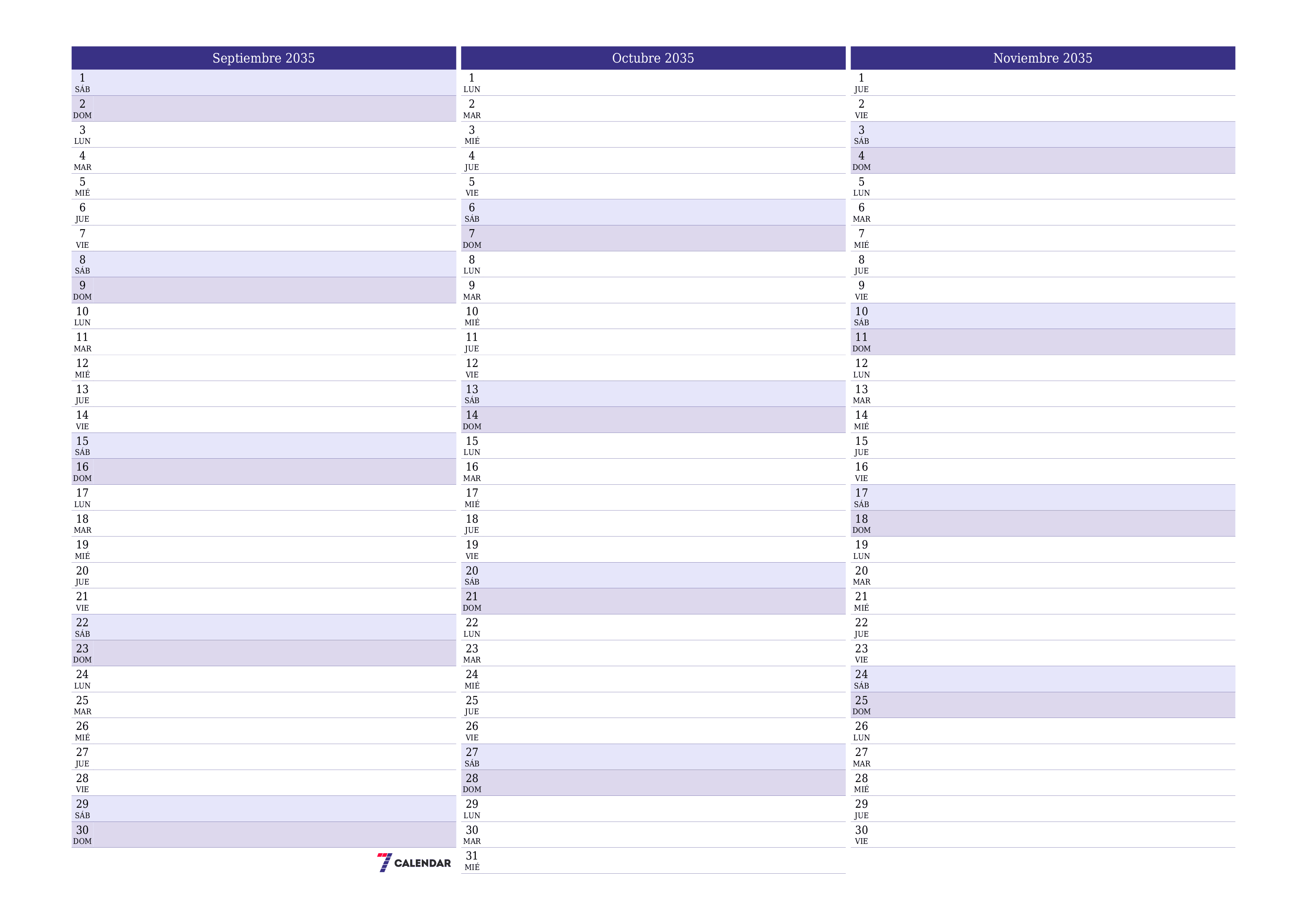 Planificador mensual vacío para el mes Septiembre 2035 con notas, guardar e imprimir en PDF PNG Spanish
