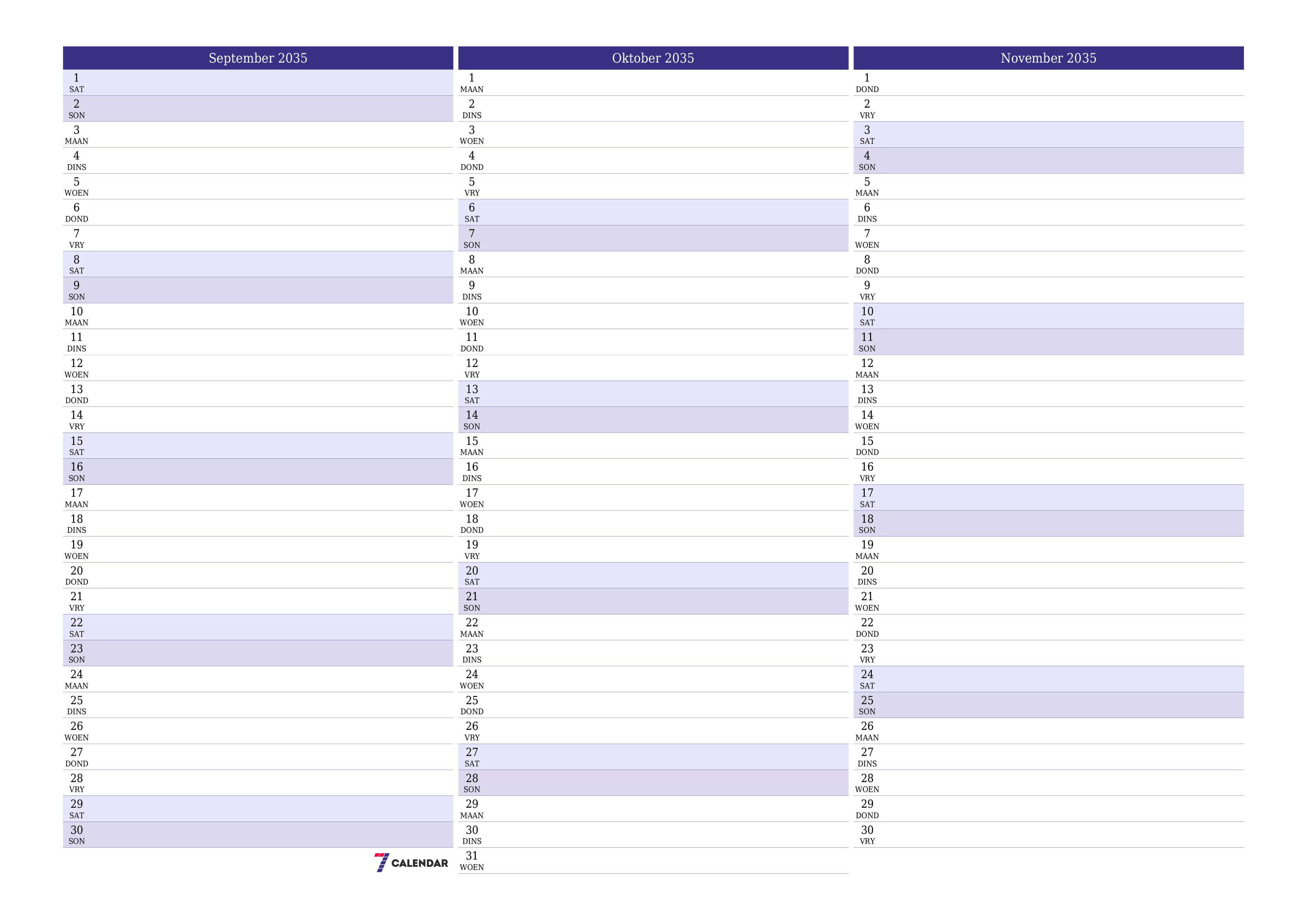 Leë maandelikse drukbare kalender en beplanner vir maand September 2035 met notas stoor en druk na PDF PNG Afrikaans