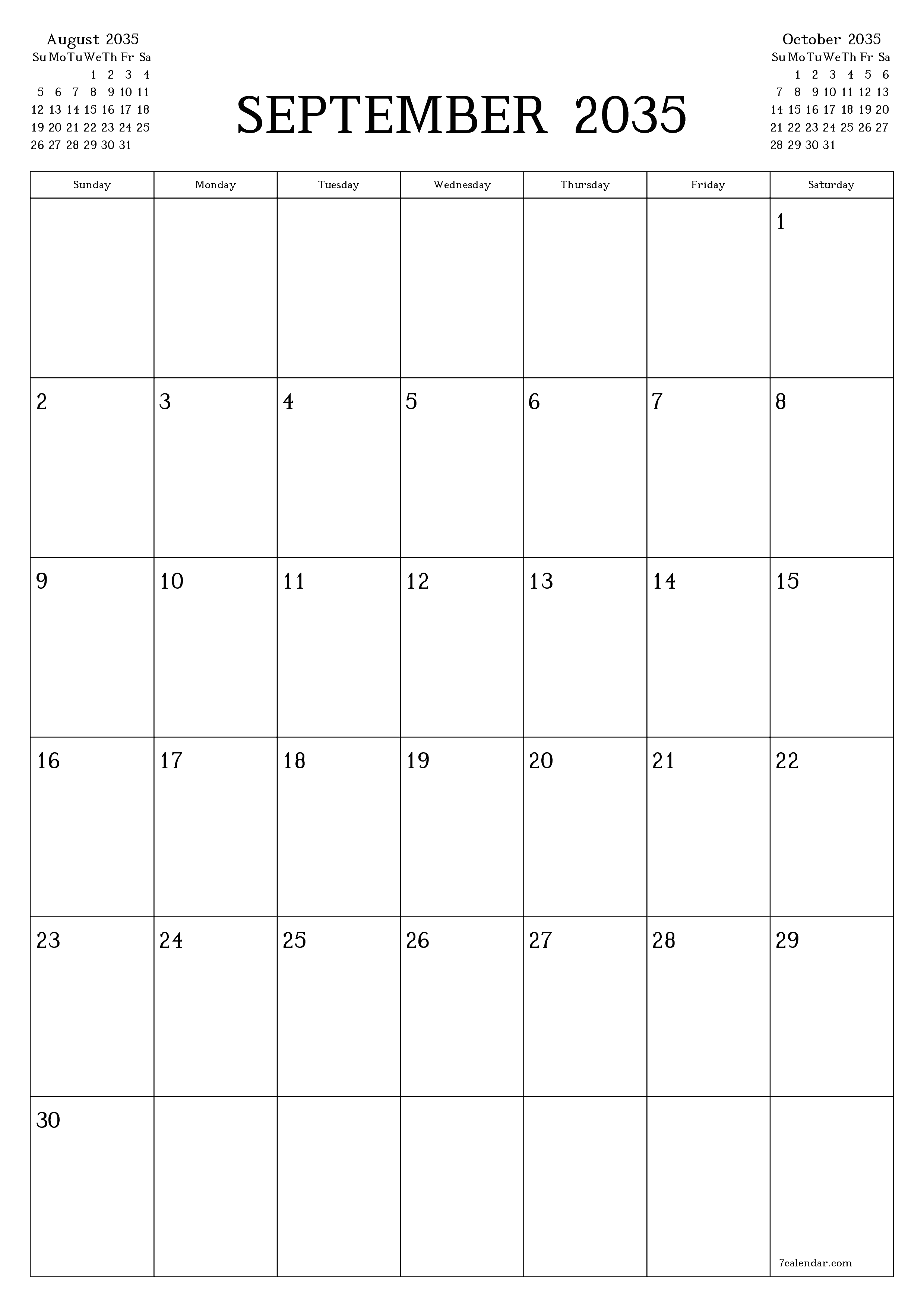 printable wall template free vertical Monthly planner calendar September (Sep) 2035