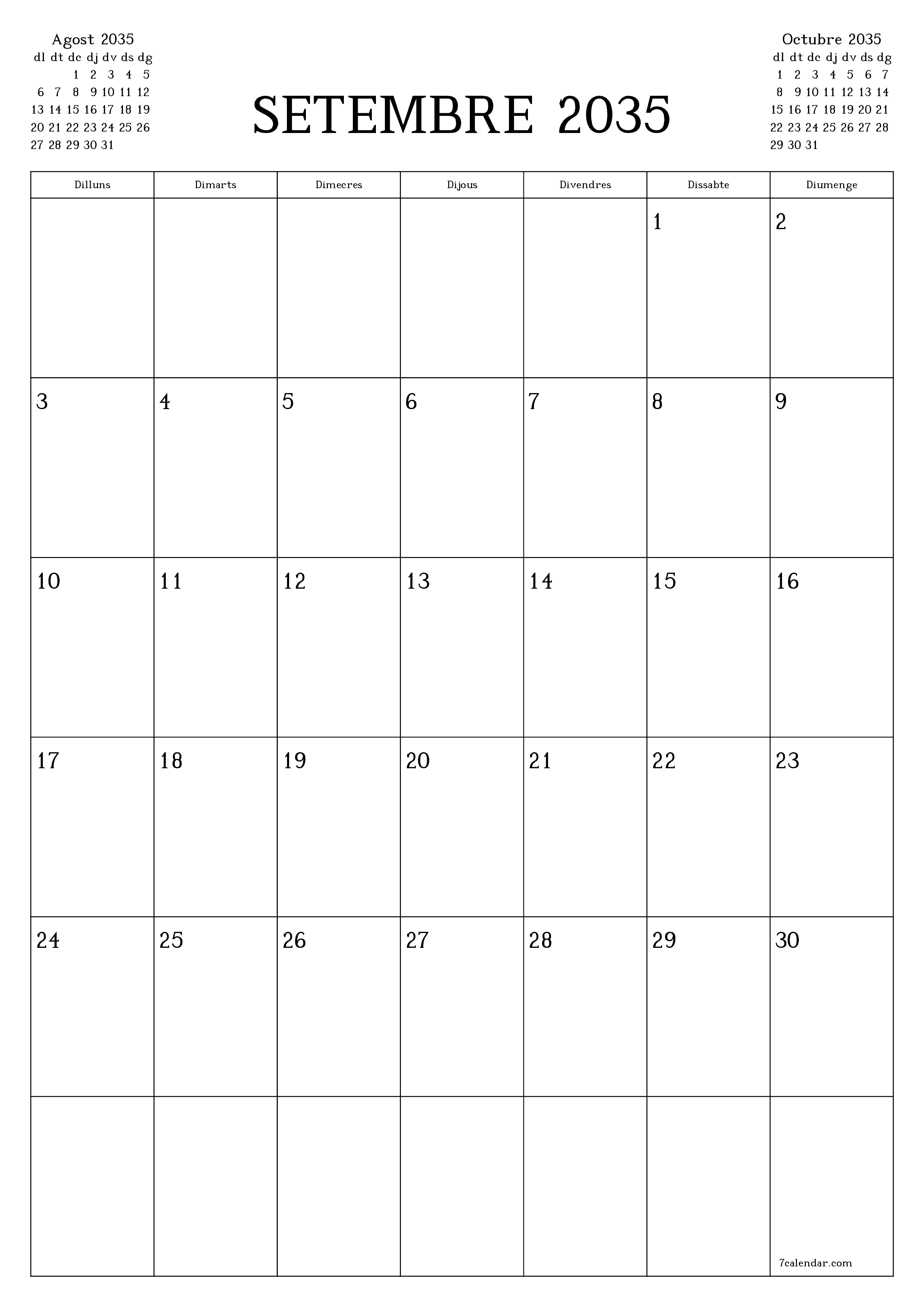  imprimible de paret plantilla de gratuïtvertical Mensual planificador calendari Setembre (Set) 2035