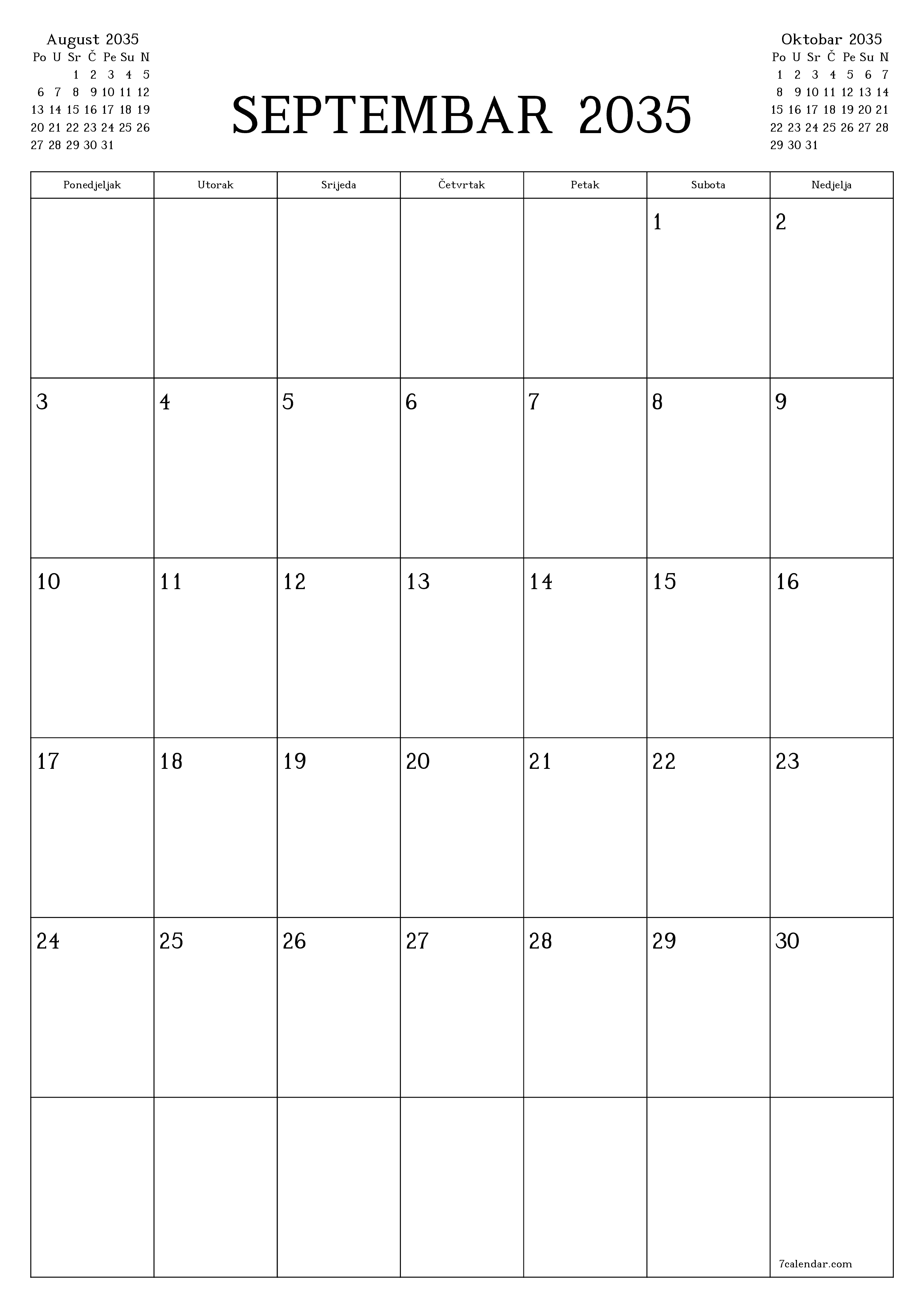  za štampanje zidni šablon a besplatni vertikalno Mjesečno planer kalendar Septembar (Sep) 2035