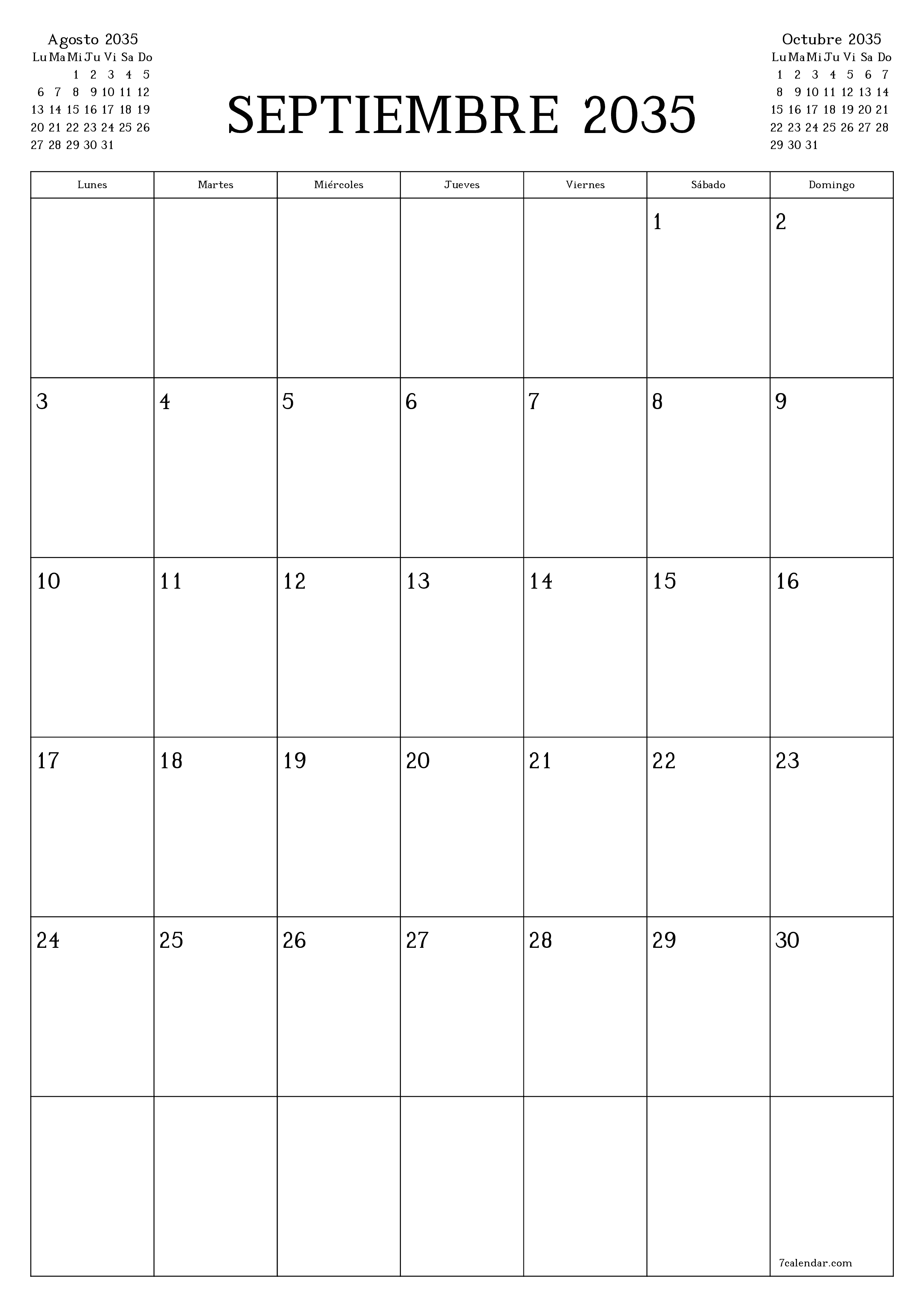  imprimible de pared plantilla de gratisvertical Mensual planificador calendario Septiembre (Sep) 2035