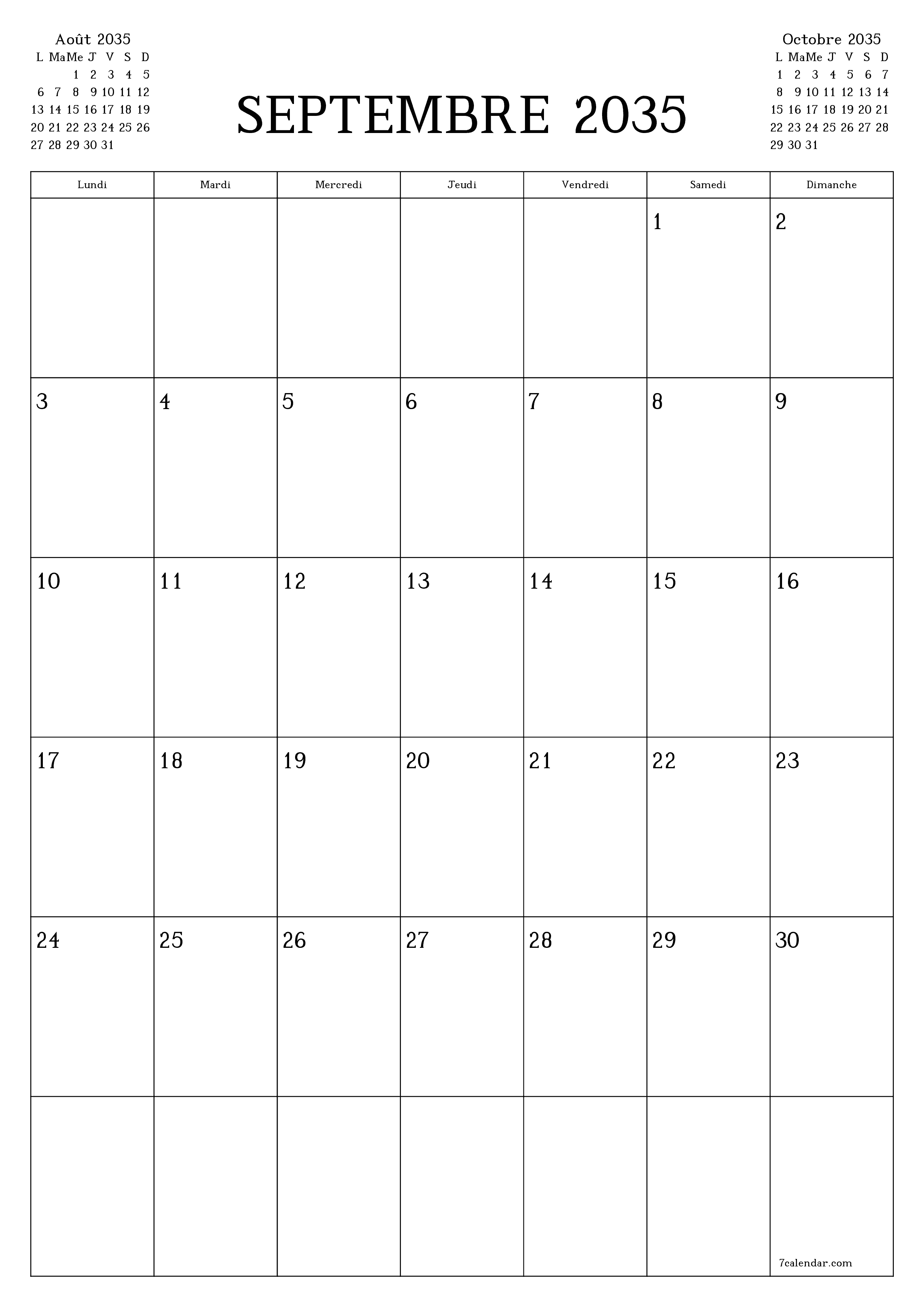  imprimable mural modèle de gratuitverticale Mensuel planificateur calendrier Septembre (Sep) 2035