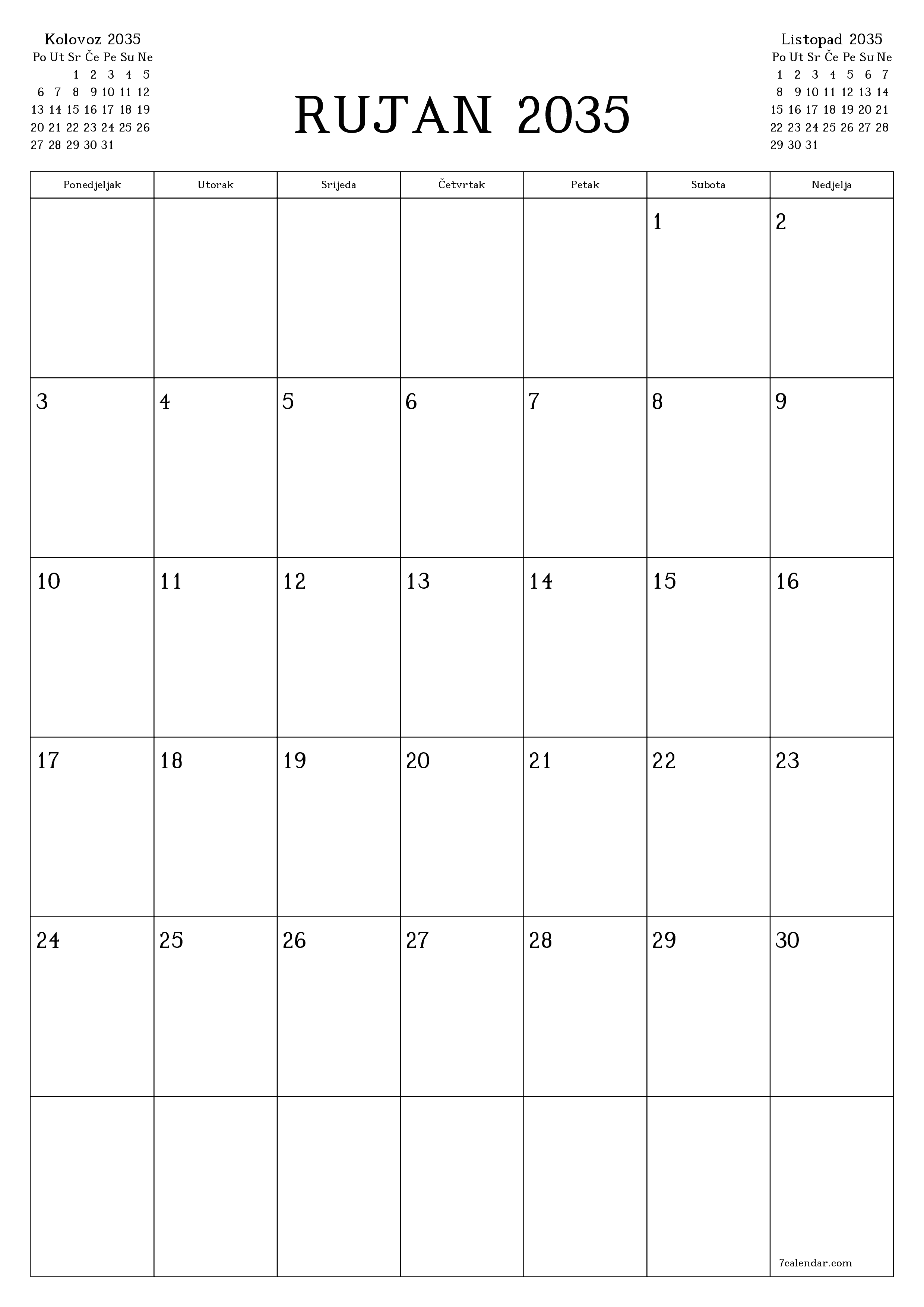  za ispis zidni predložak a besplatni okomito Mjesečni planer kalendar Rujan (Ruj) 2035