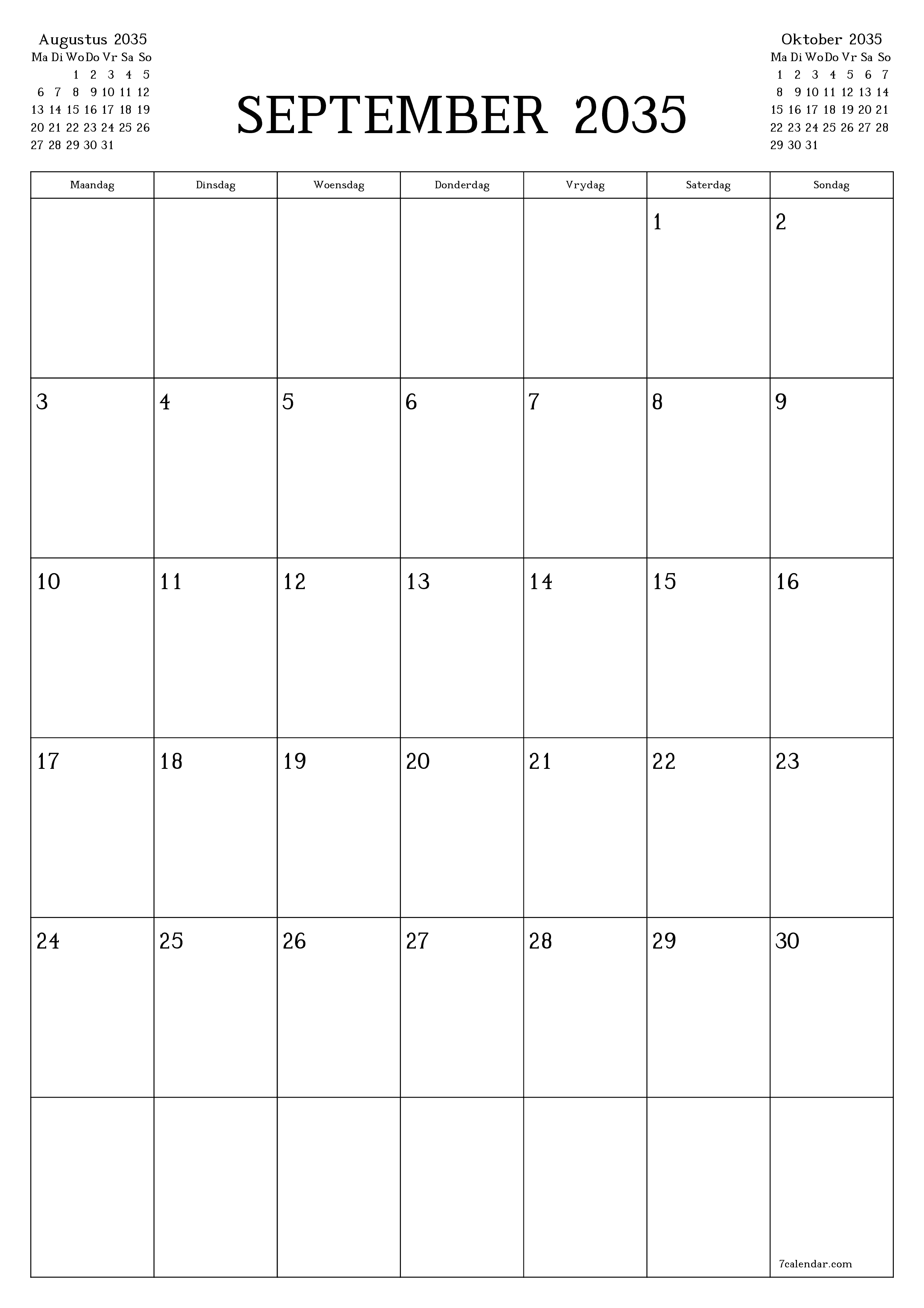 drukbare muur template gratis vertikaal Maandeliks beplanner kalender September (Sep) 2035