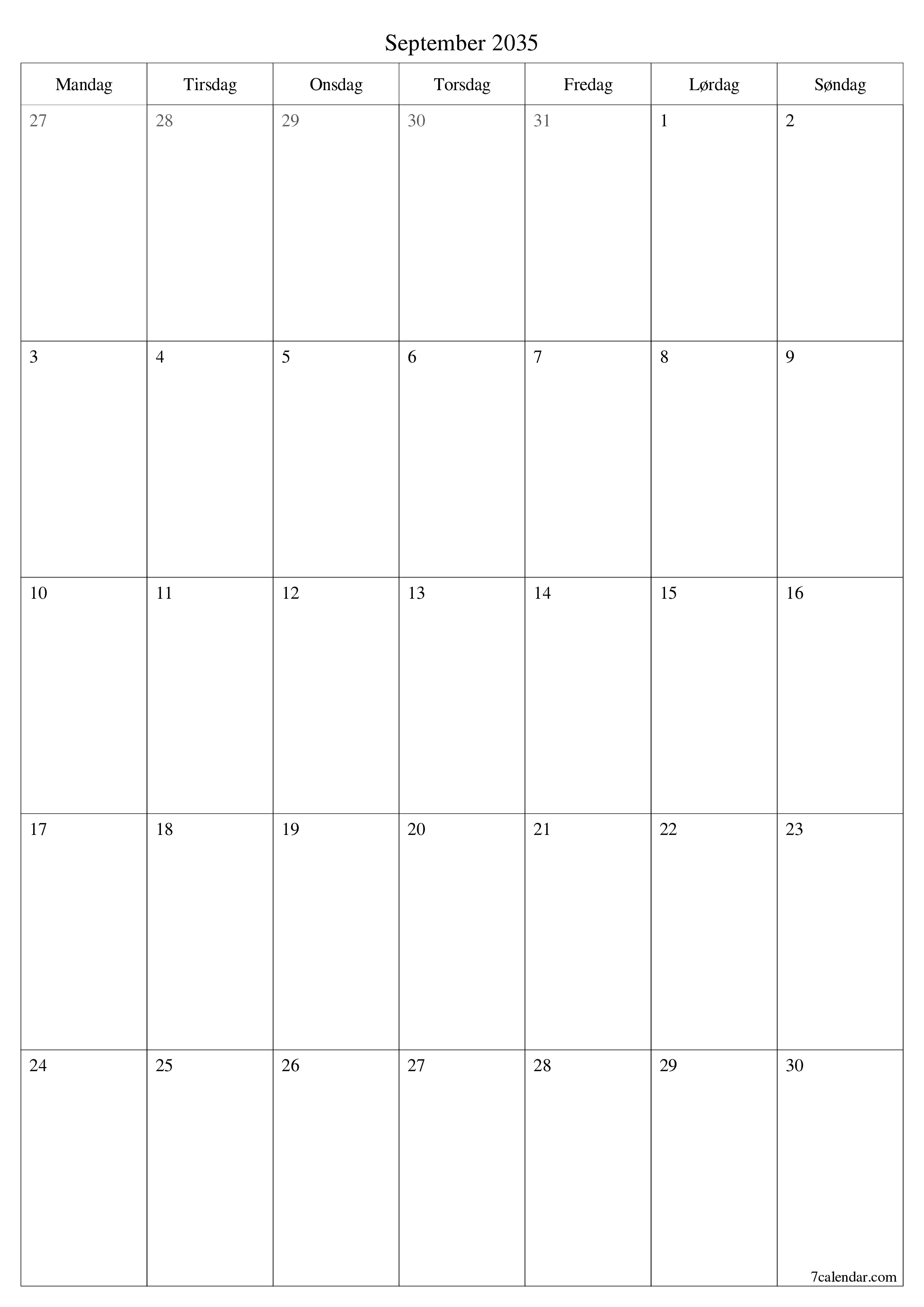udskrivbar væg skabelon gratis lodret Månedlig planlægger kalender September (Sep) 2035
