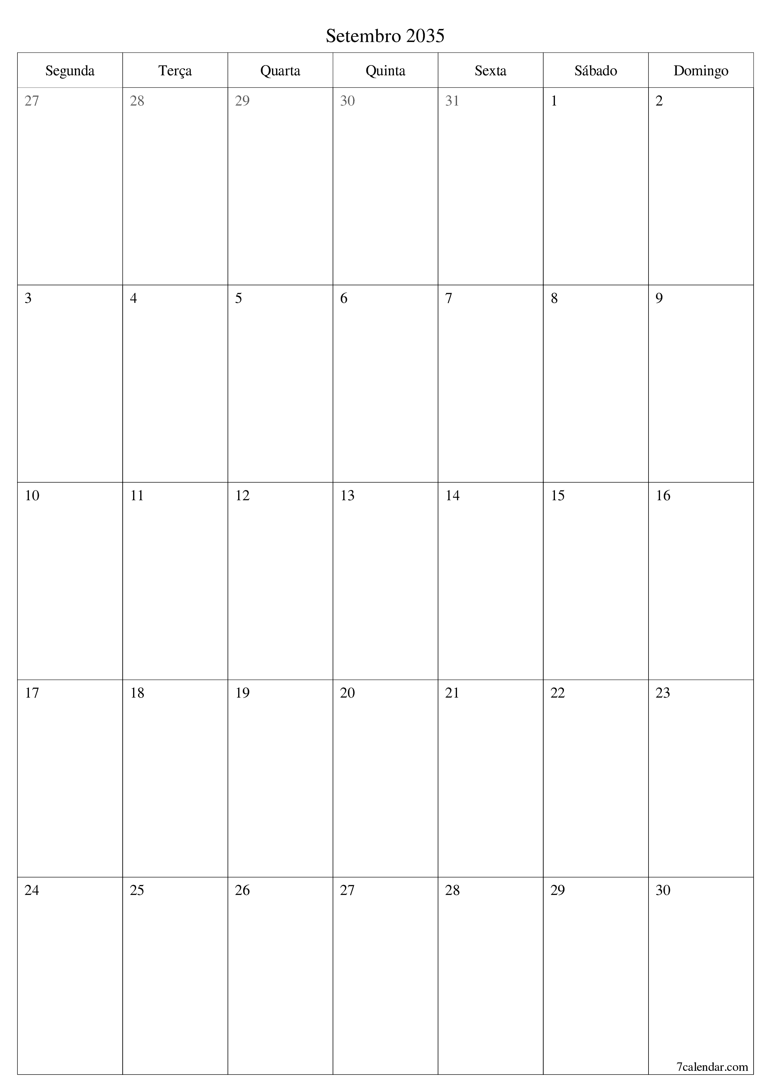  para impressão de parede modelo de grátisvertical Mensal planejador calendário Setembro (Set) 2035