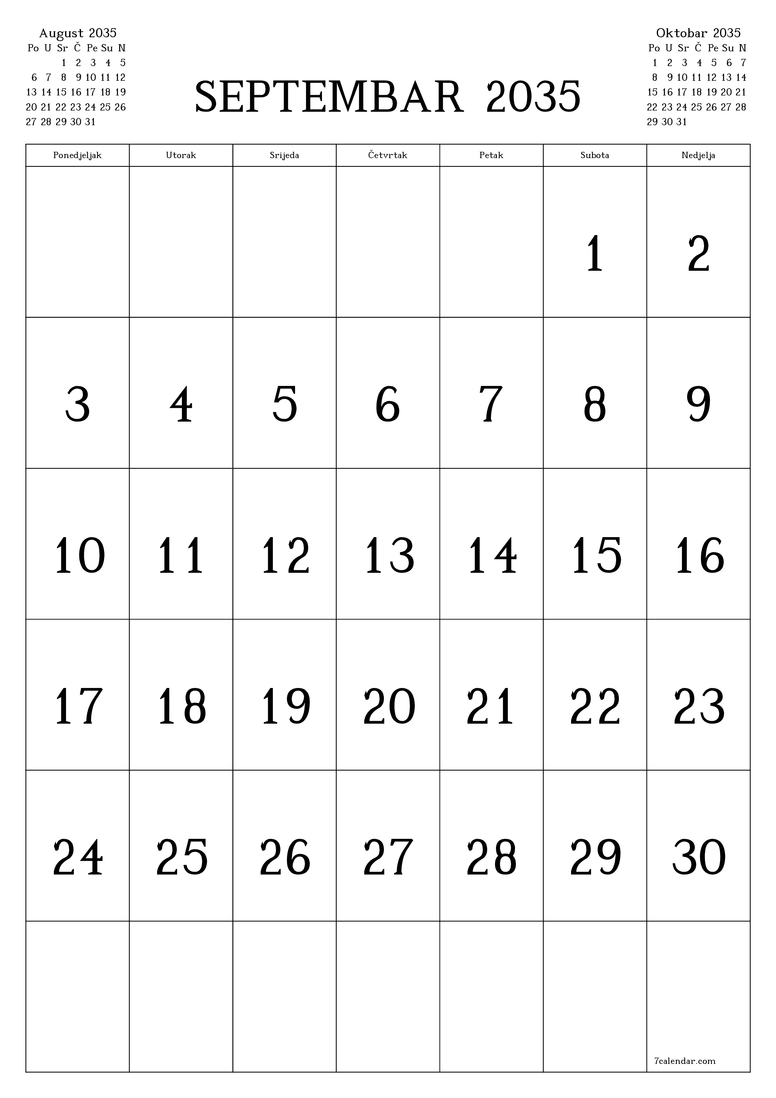  za štampanje zidni šablon a besplatni vertikalno Mjesečno kalendar Septembar (Sep) 2035
