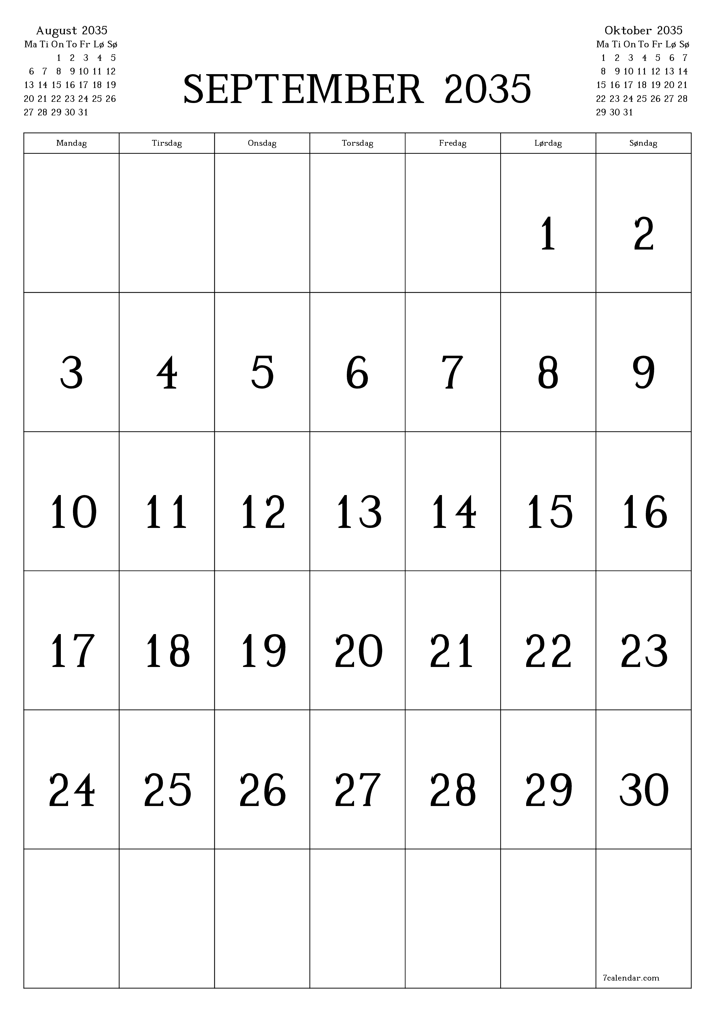 udskrivbar væg skabelon gratis lodret Månedlig kalender September (Sep) 2035