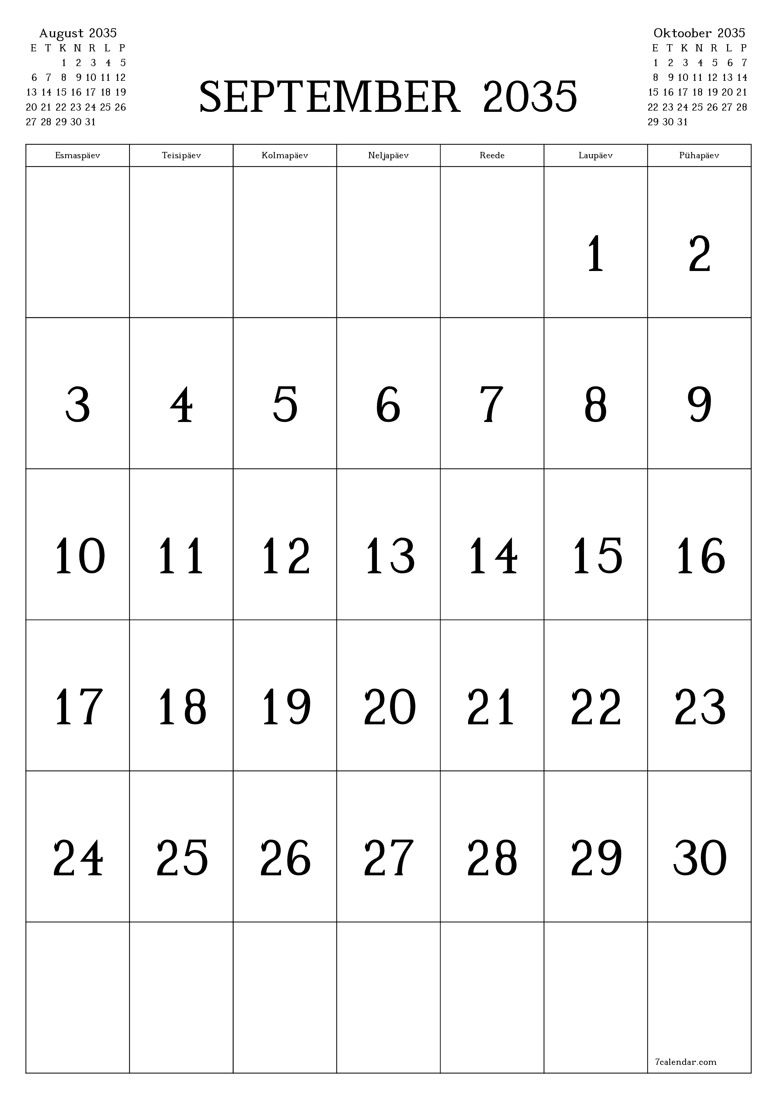 prinditav seina kalendri mall tasuta vertikaalne Igakuine kalender September (Sept) 2035
