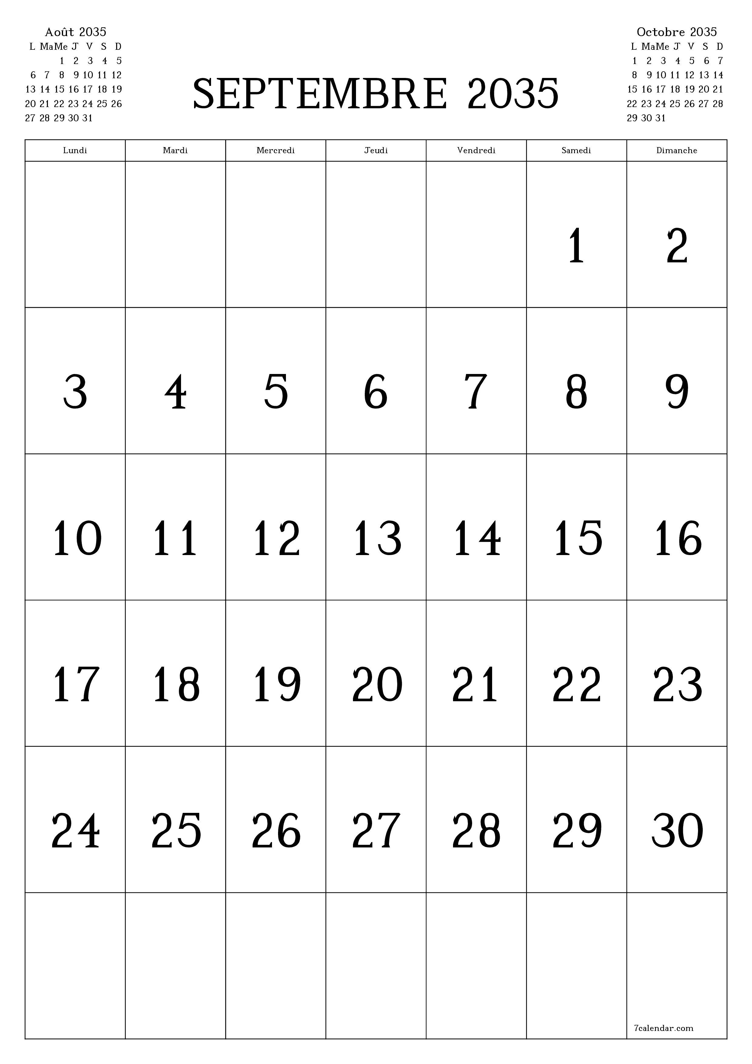  imprimable mural modèle de gratuitverticale Mensuel calendrier Septembre (Sep) 2035