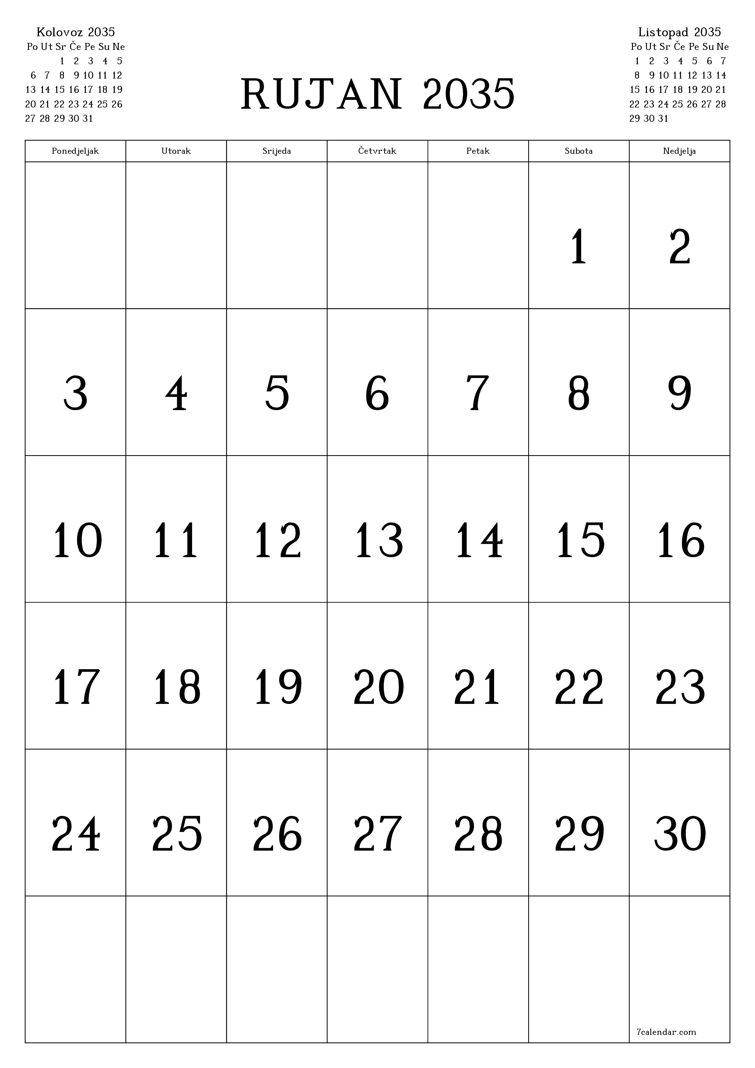  za ispis zidni predložak a besplatni okomito Mjesečni kalendar Rujan (Ruj) 2035