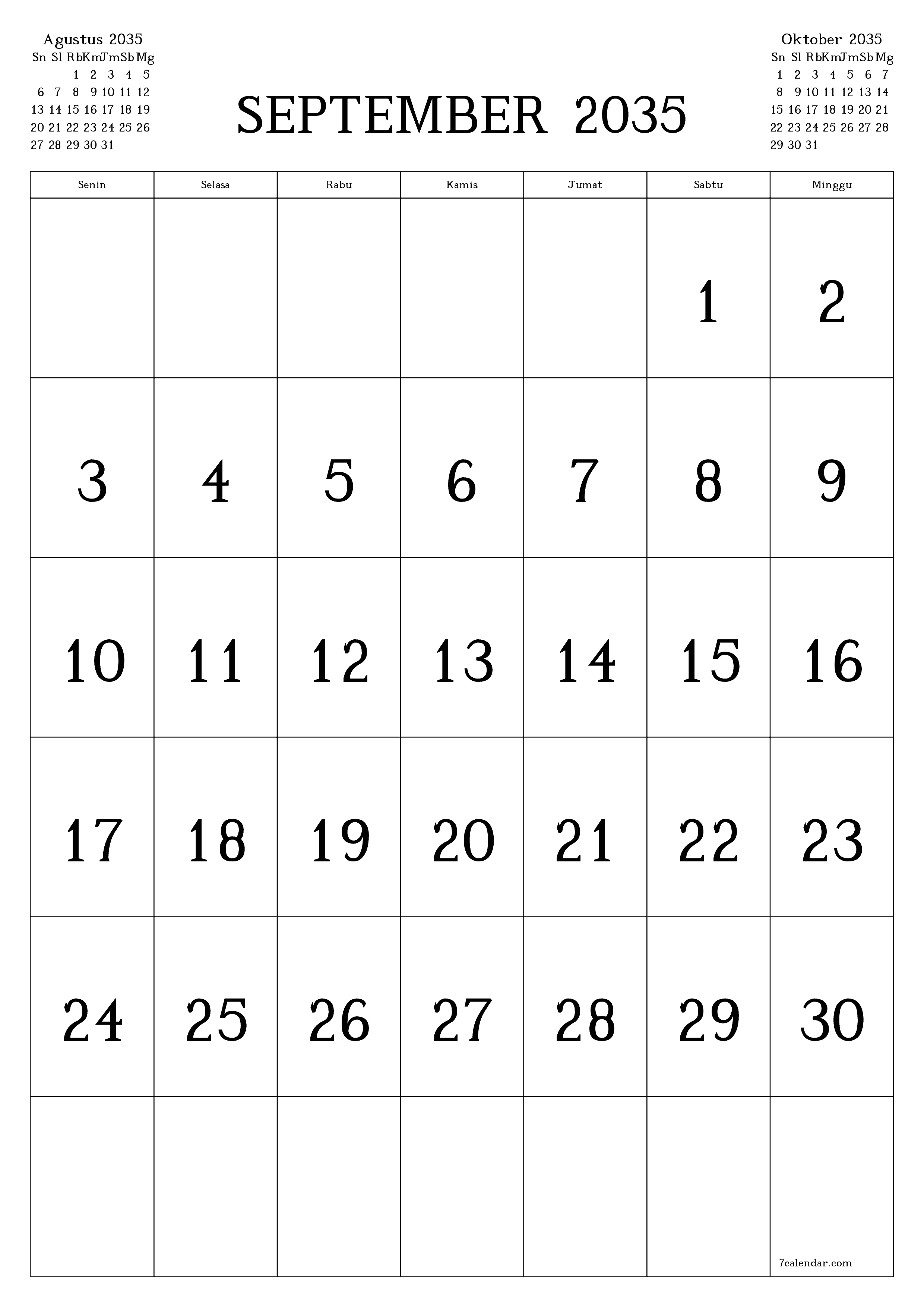  yang dapat dicetak dinding templat gratisvertikal Bulanan kalender September (Sep) 2035