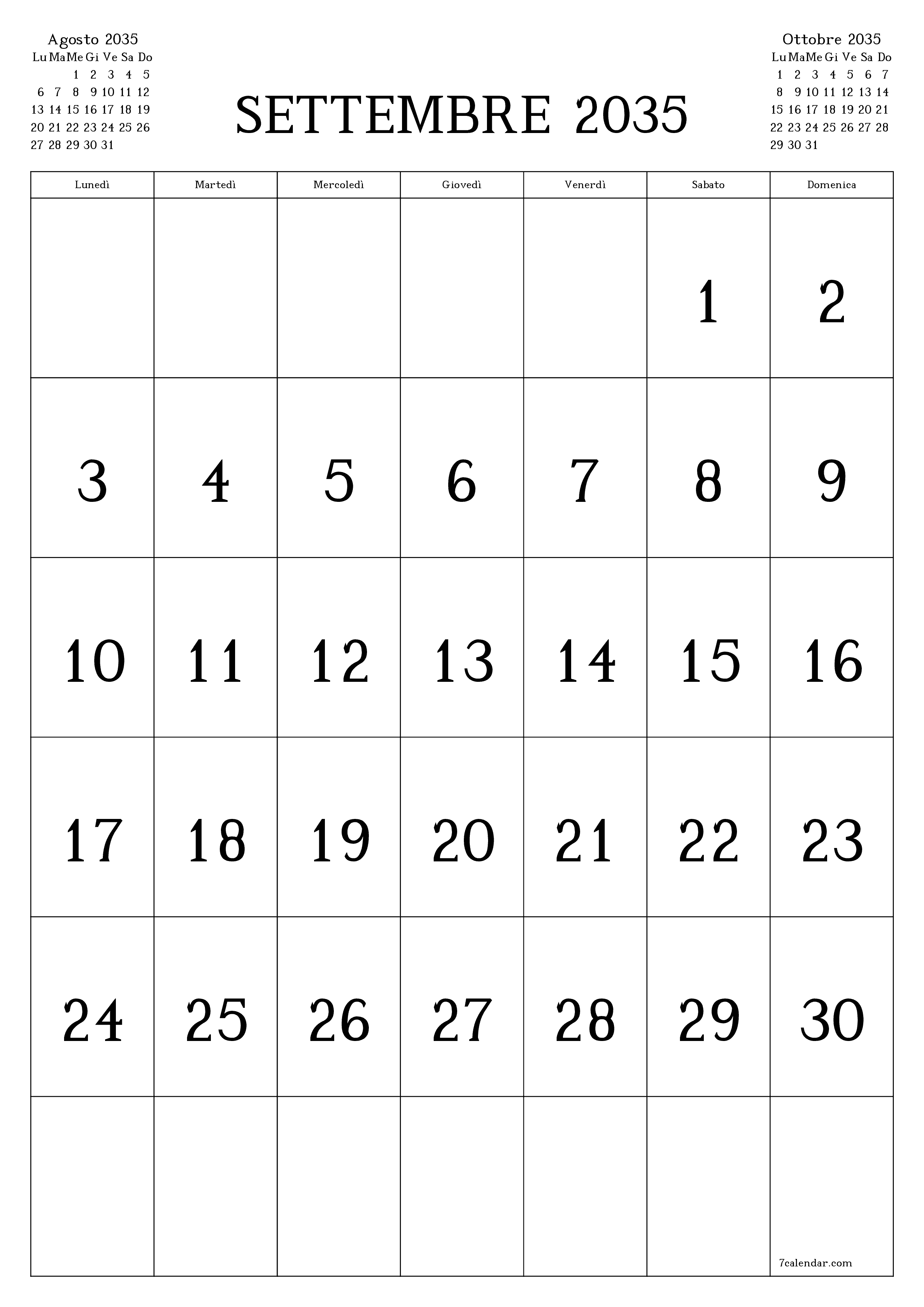  stampabile da parete modello di gratuitoverticale Mensile calendario Settembre (Set) 2035