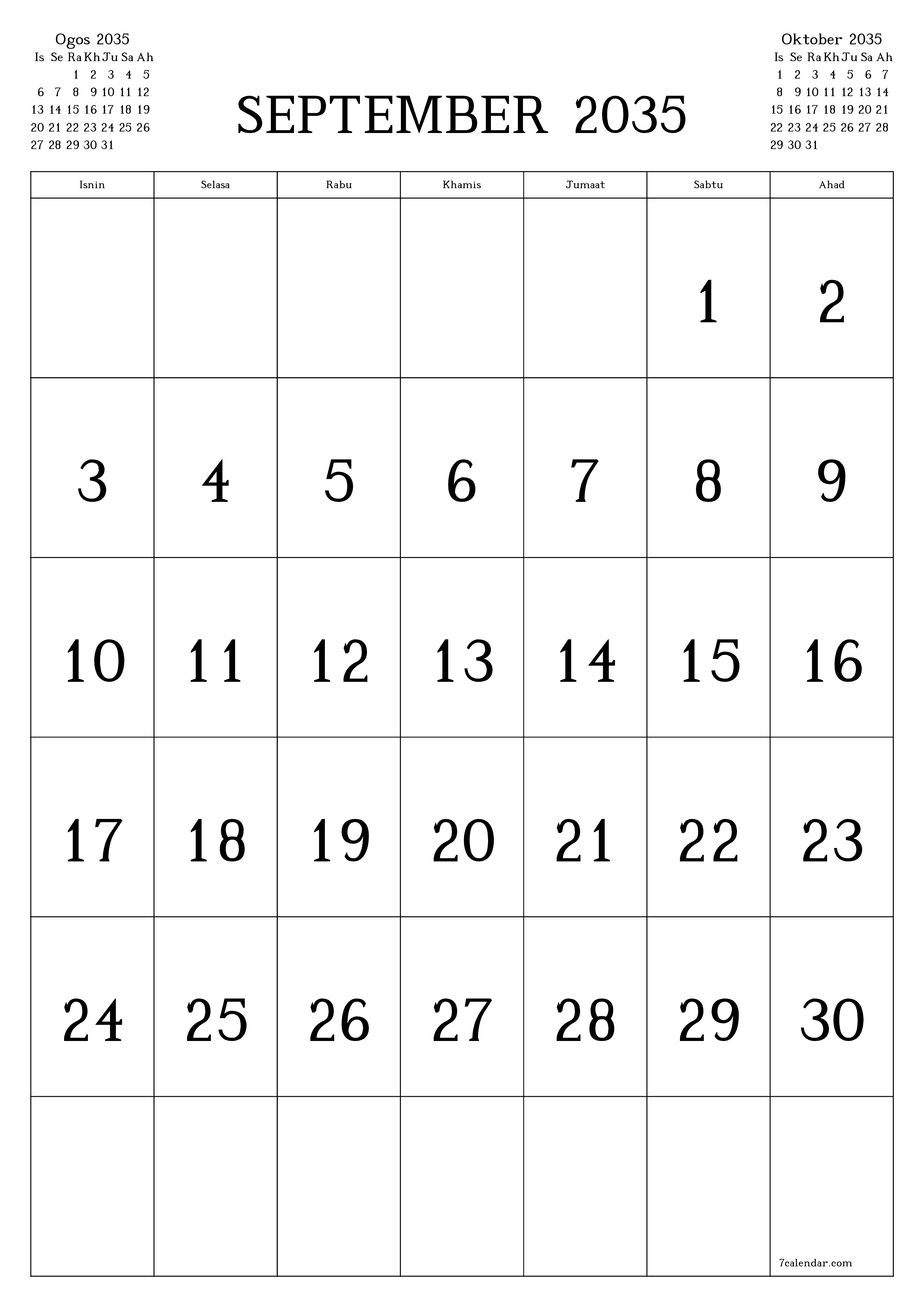  boleh cetak dinding templat percumamenegak Bulanan kalendar September (Sep) 2035