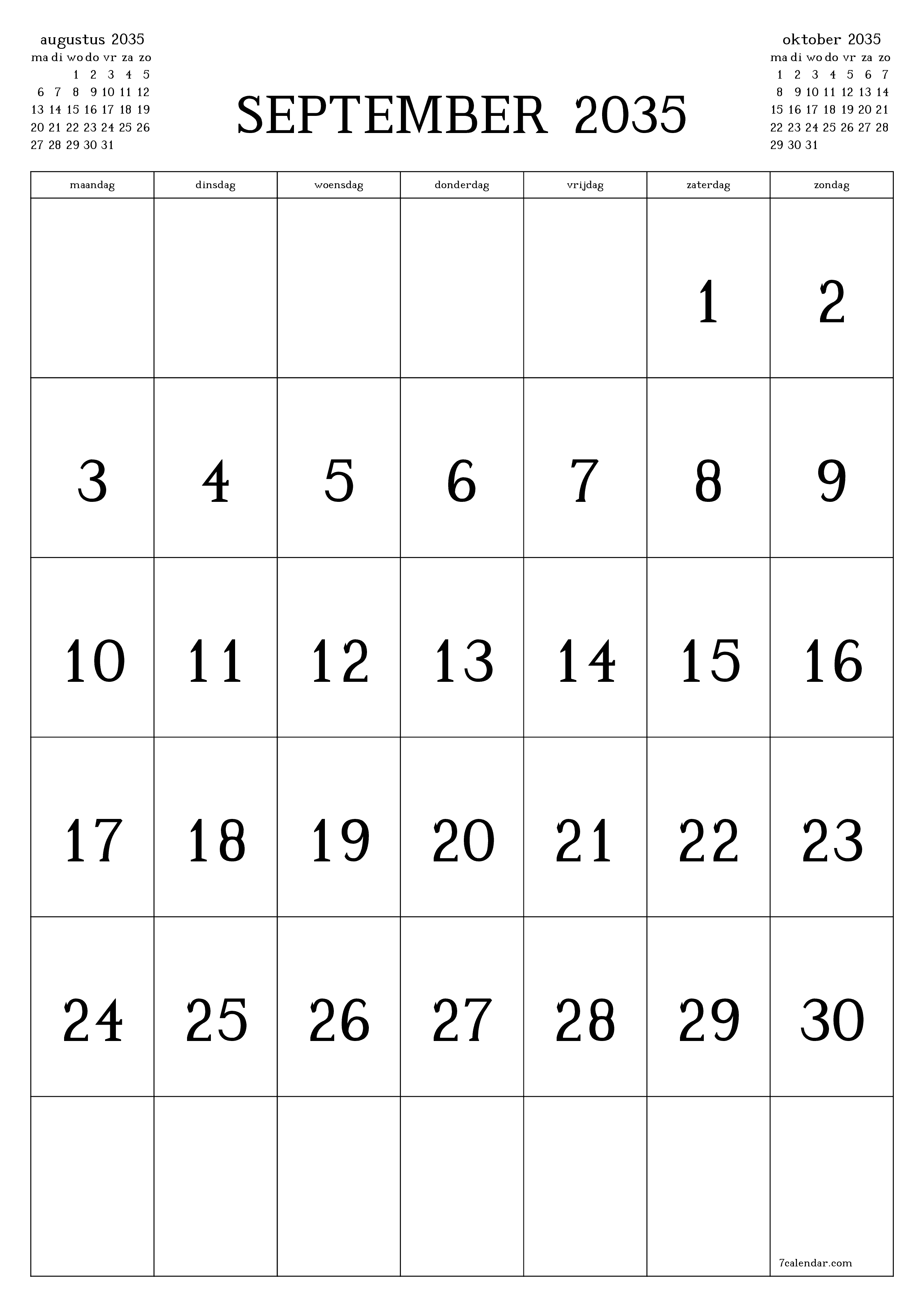 Lege maandplanner voor maand september 2035 met notities, opslaan en afdrukken naar pdf PNG Dutch