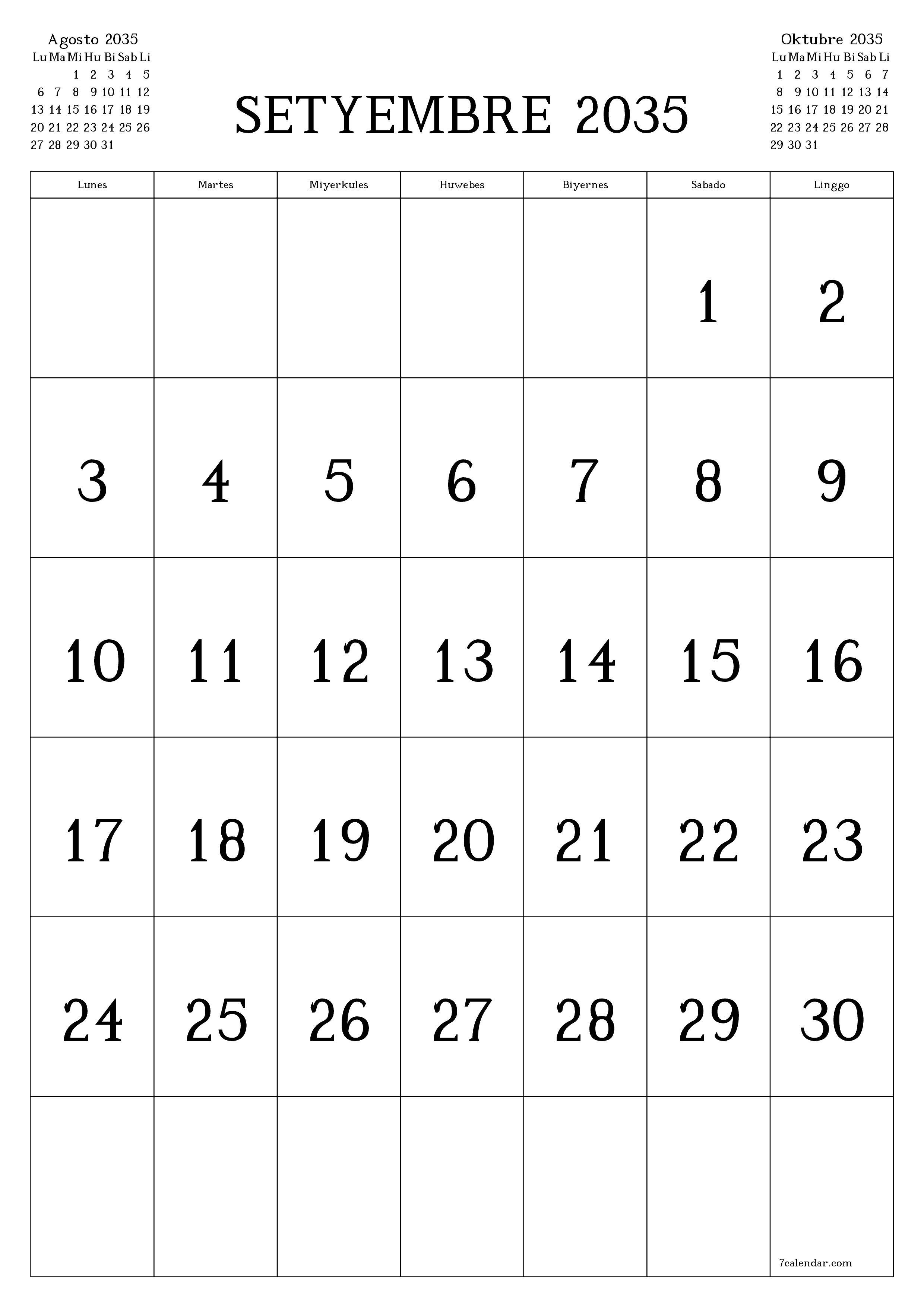 napi-print na sa dingding template ng libreng patayo Buwanang kalendaryo Setyembre (Set) 2035