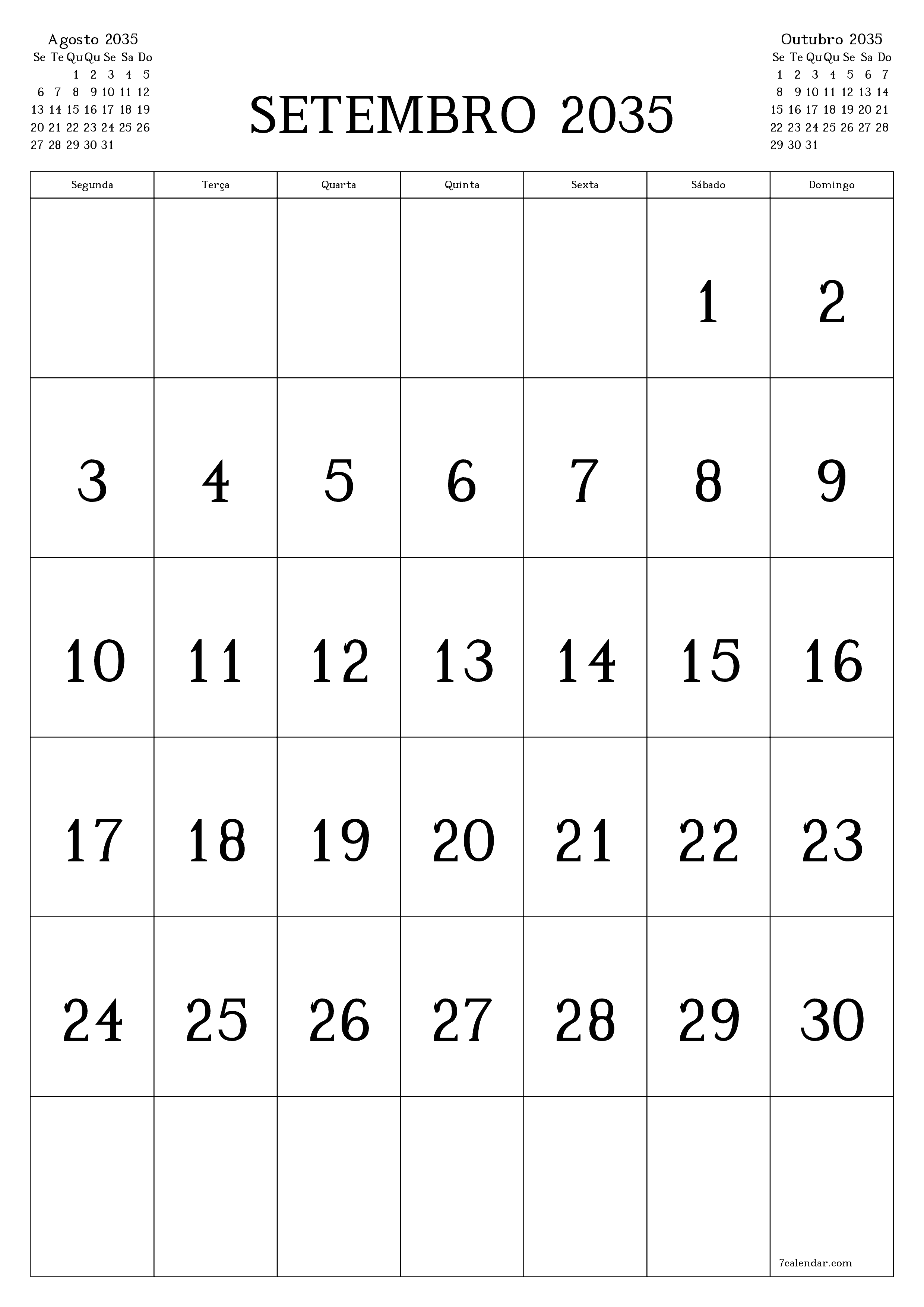  para impressão de parede modelo de grátisvertical Mensal calendário Setembro (Set) 2035