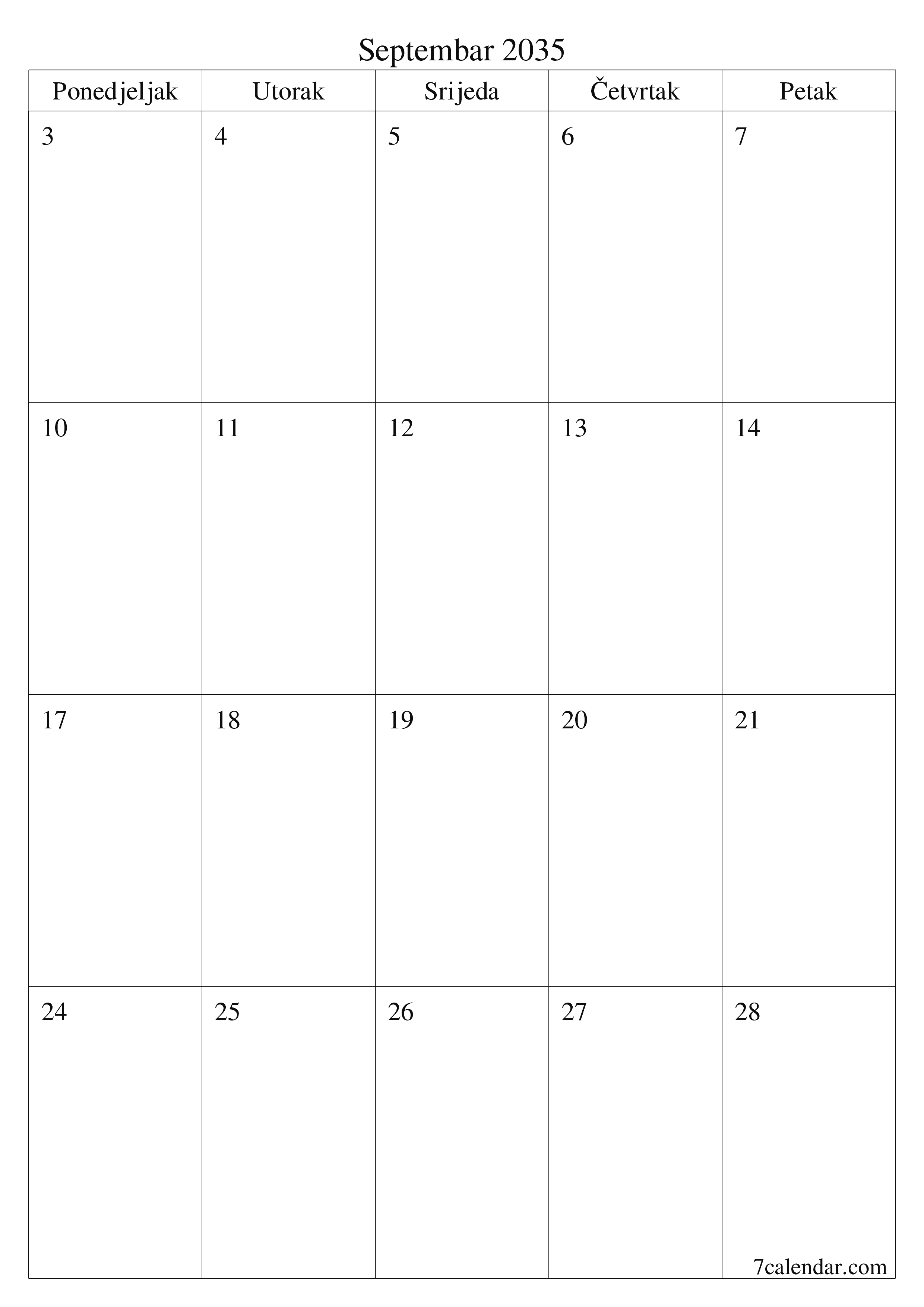  za štampanje zidni šablon a besplatni vertikalno Mjesečno planer kalendar Septembar (Sep) 2035