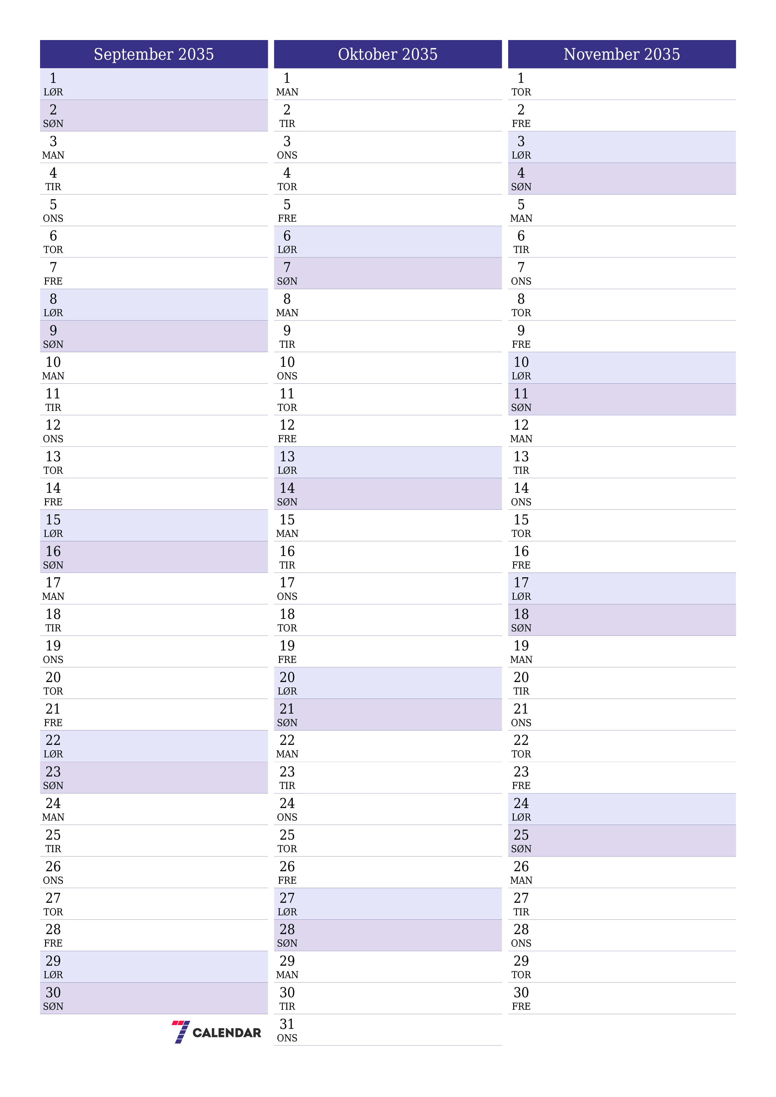 udskrivbar væg skabelon gratis lodret Månedlig planlægger kalender September (Sep) 2035