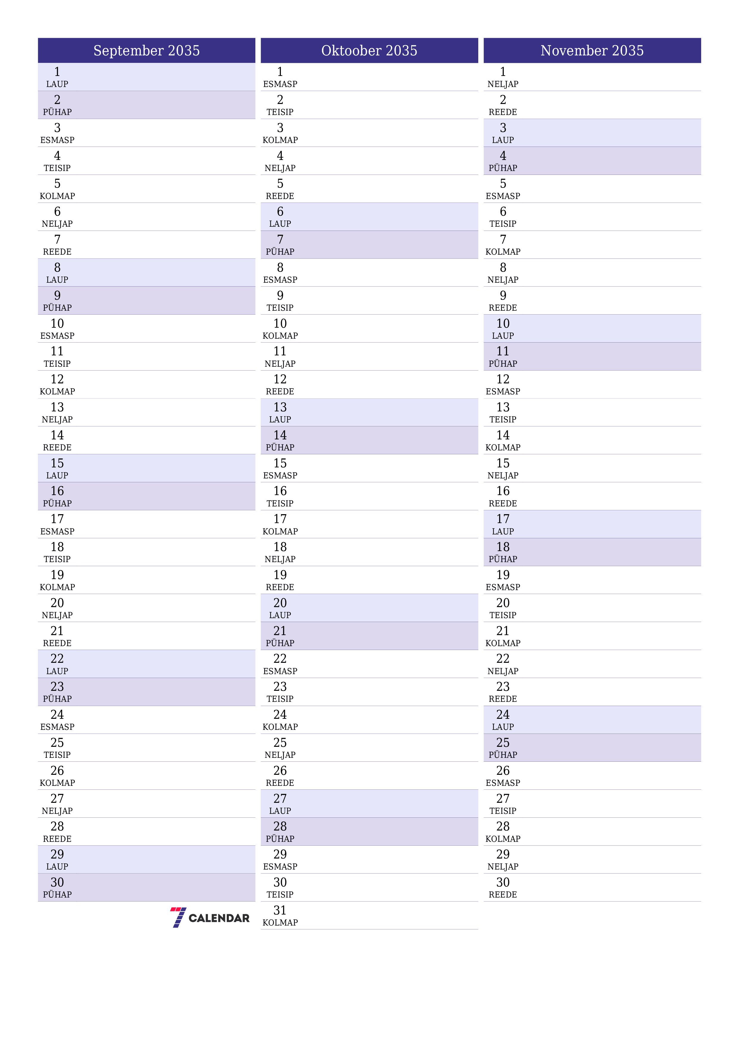 prinditav seina kalendri mall tasuta vertikaalne Igakuine planeerija kalender September (Sept) 2035
